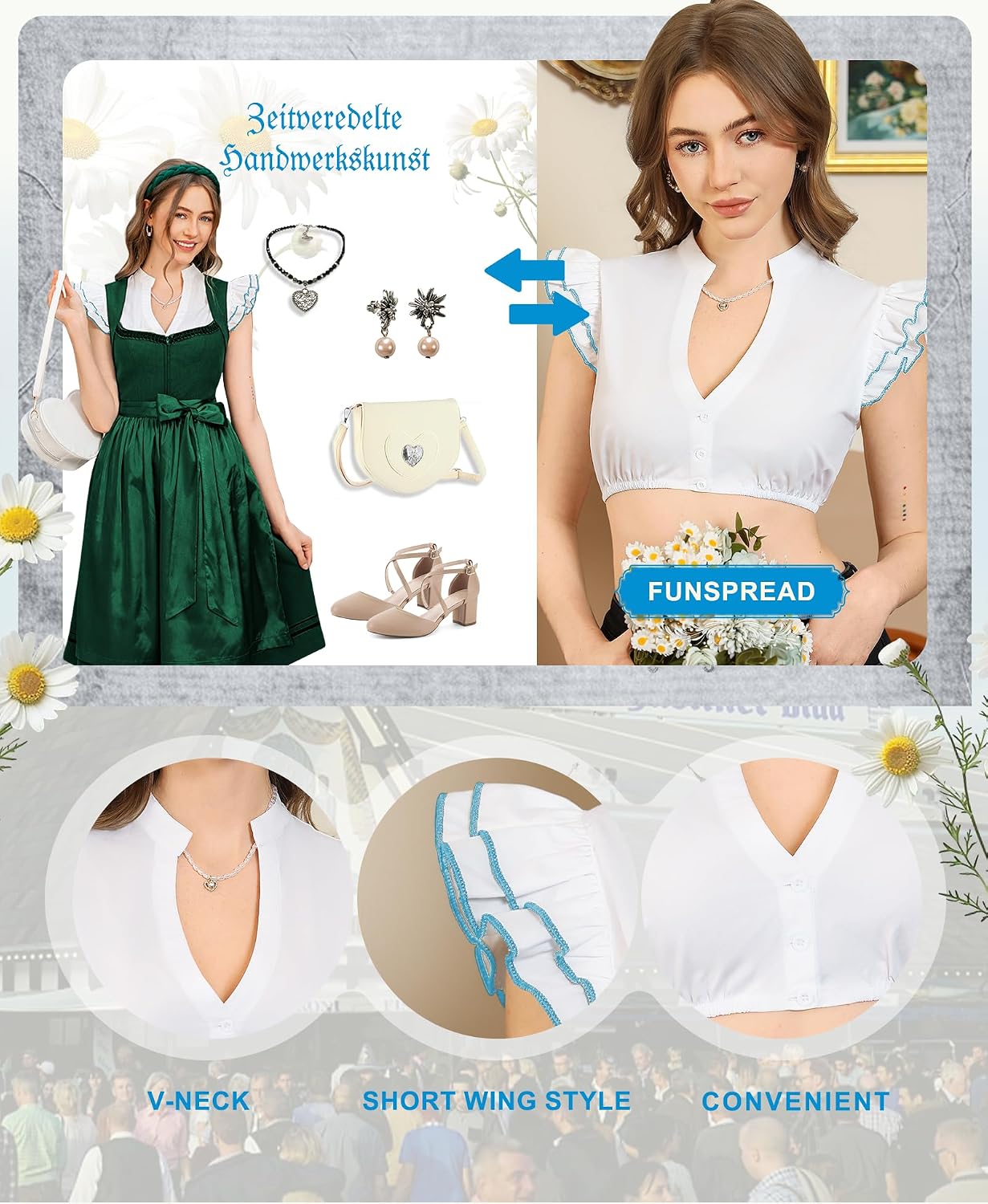 Thumbnail 3 de Funspread Dirndl Bluse Damen Weiß – kurze Dirndlbluse mit V-Ausschnitt