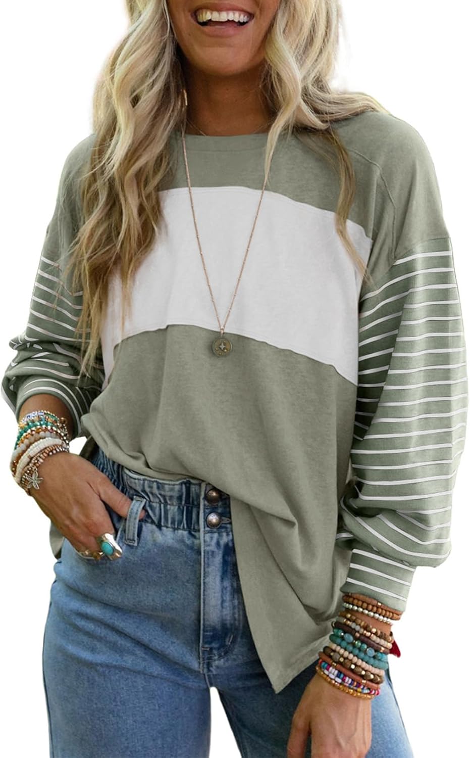 Thumbnail 6 de Dokotoo Damen Langarmshirt mit Rundhalsausschnitt – gestreiftes Sweatshirt im Colorblocking-Design (S–2XL)