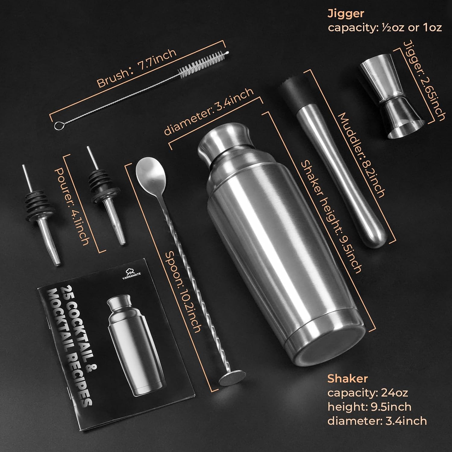 Detalle de YARRAMATE CSS-02-Silver Cocktail Shaker Set, 700 ml Insulated Stainless Steel