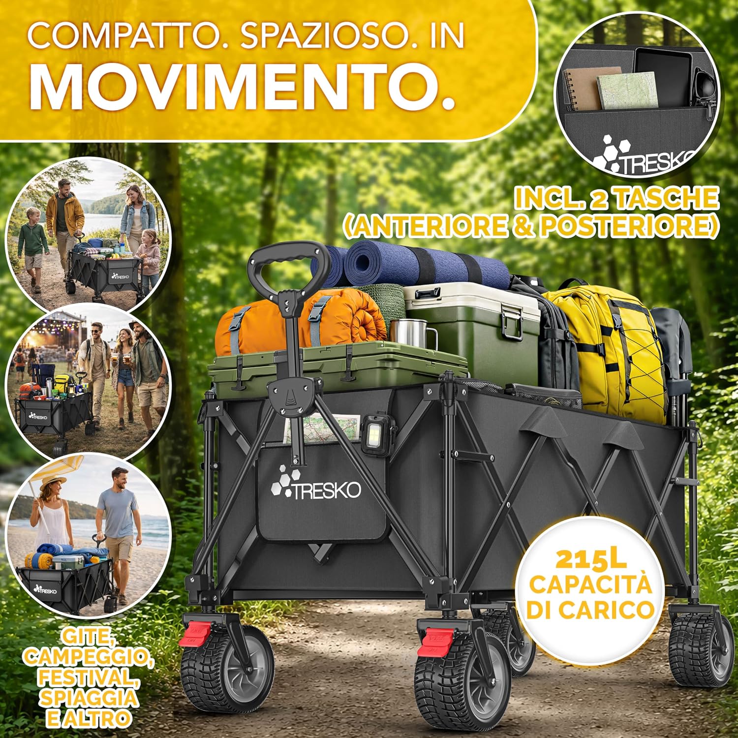 Detalle de TRESKO Carrello pieghevole XXL da 215 L con freno e pneumatici pieni — stabilità, versatilità e praticità per spiaggia, campeggio e giardino