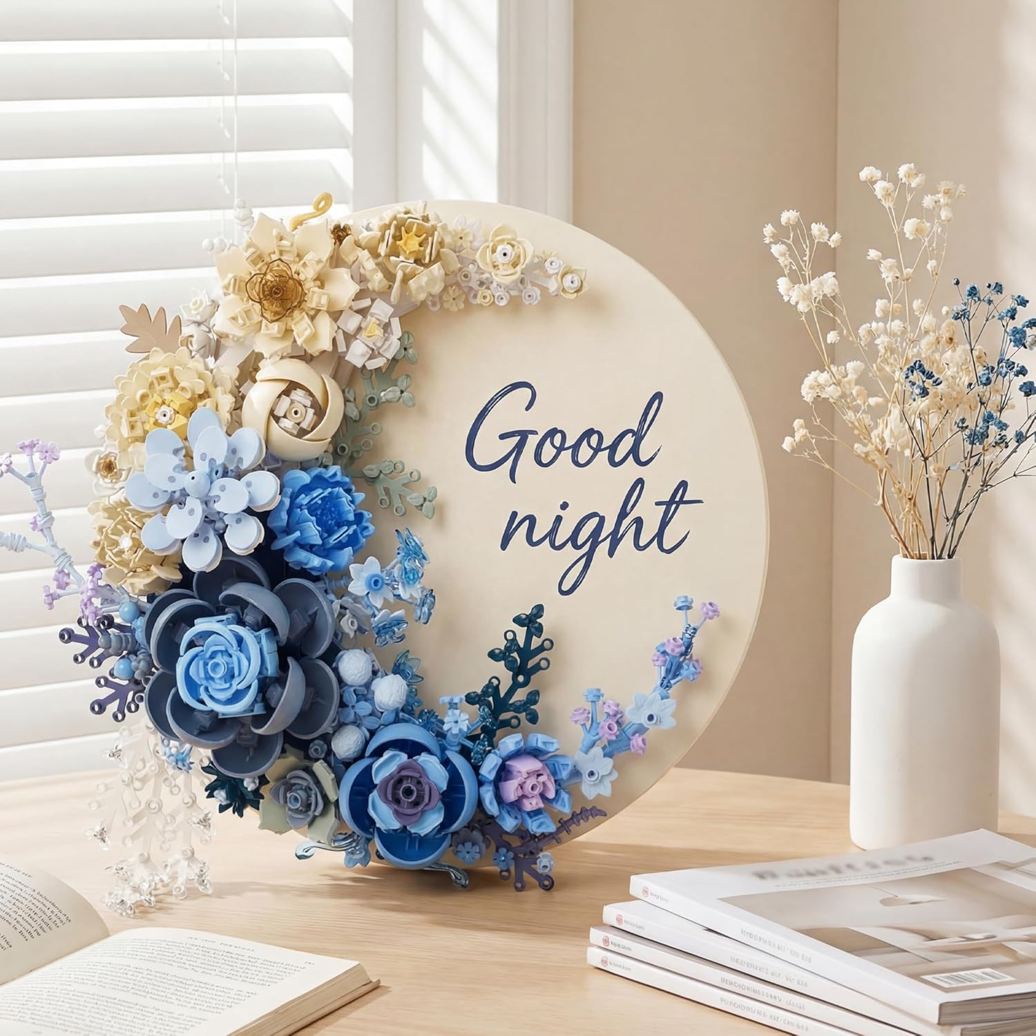 Detalle de Loyratche Blue Moon Flower Building Set: Crescent Moon Floral Art for Adults