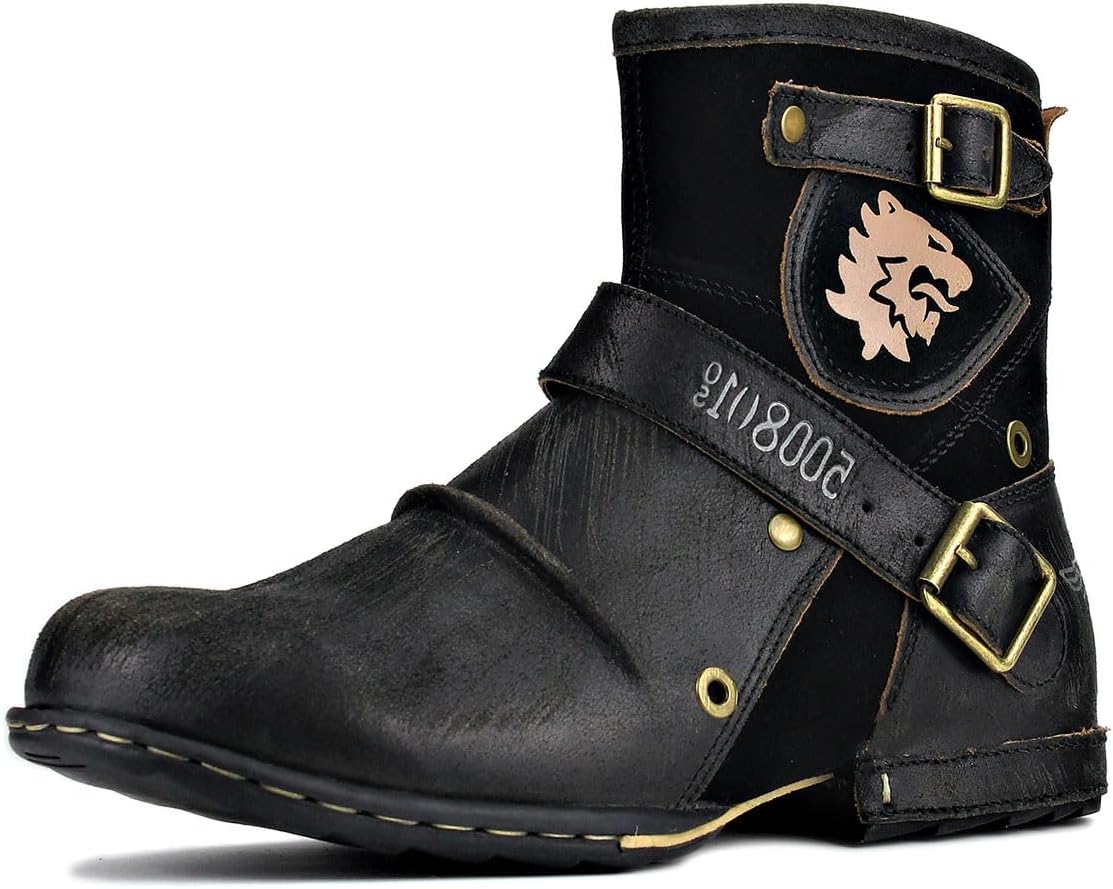 Detalle de OSSTONE OS-5008-1 Herren Leder-Chukkastiefel mit Gummisohle – Worker & Biker Boot