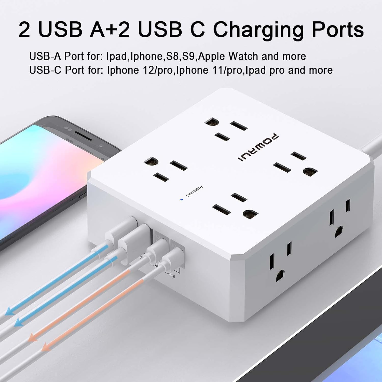 Detalle 2 de POWRUI AHR-803B Surge Protector Power Strip, 8 Outlets, 4 USB Ports