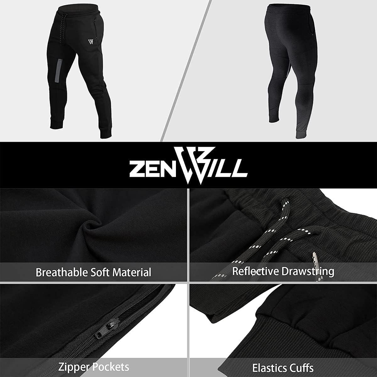 Thumbnail 4 de ZENWILL Men’s Workout Sweatpants, Cotton Blend, Tapered Fit, Zip Pockets