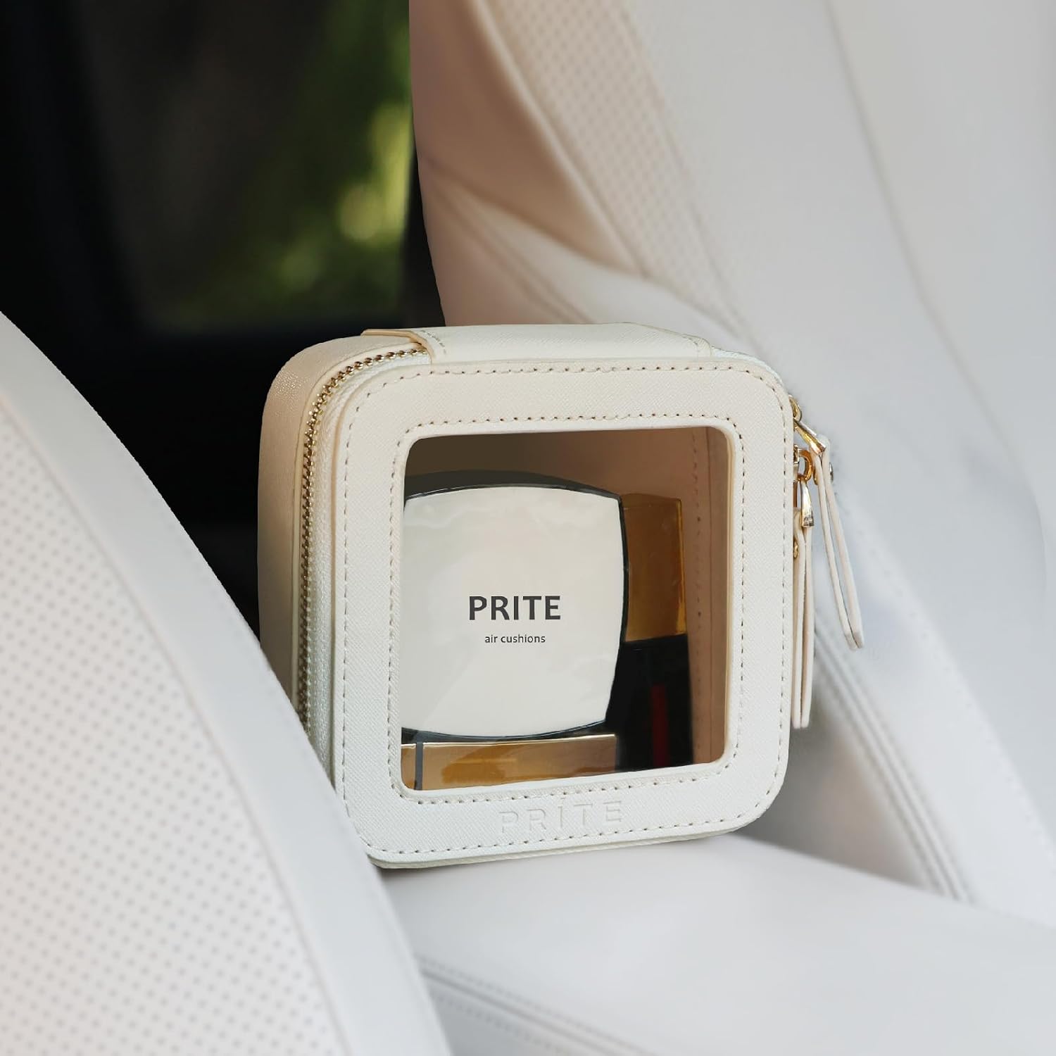 Detalle de Prite Small Clear Makeup Bag (Beige) with Gift Box – Waterproof Mini Cosmetic & Travel Toiletry Pouch