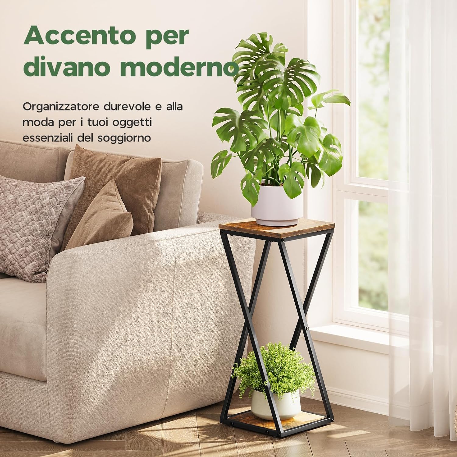 Detalle de Bamworld Porta piante da interno in metallo con ripiani in legno – stile industriale a 2 livelli