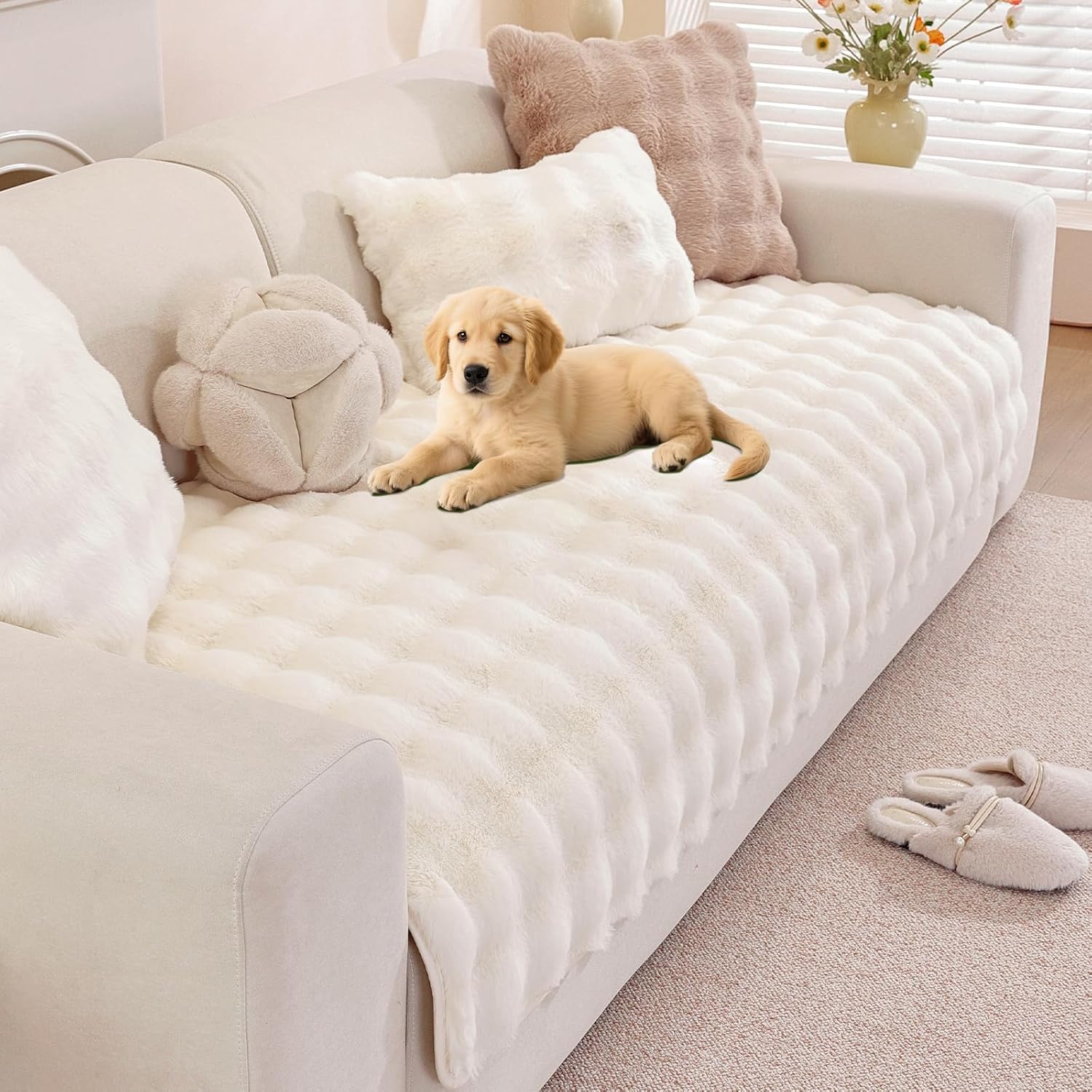 Detalle de Royhom Housse de Canapé Épais Peluche crème 90 x 160 cm – anti-dérapant et multi-usages