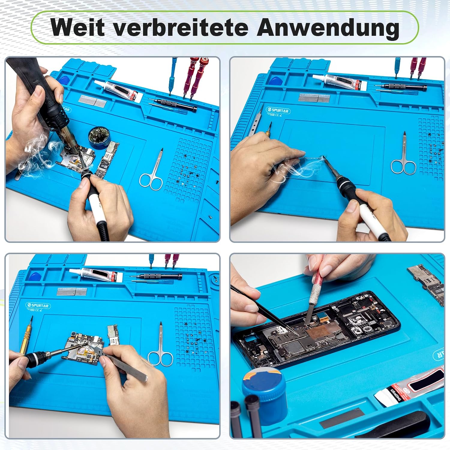 Detalle de Spurtar Lötmatte aus Silikon, 500℃ hitzebeständig – 45 x 30 cm Reparaturunterlage für Löten & Elektronik