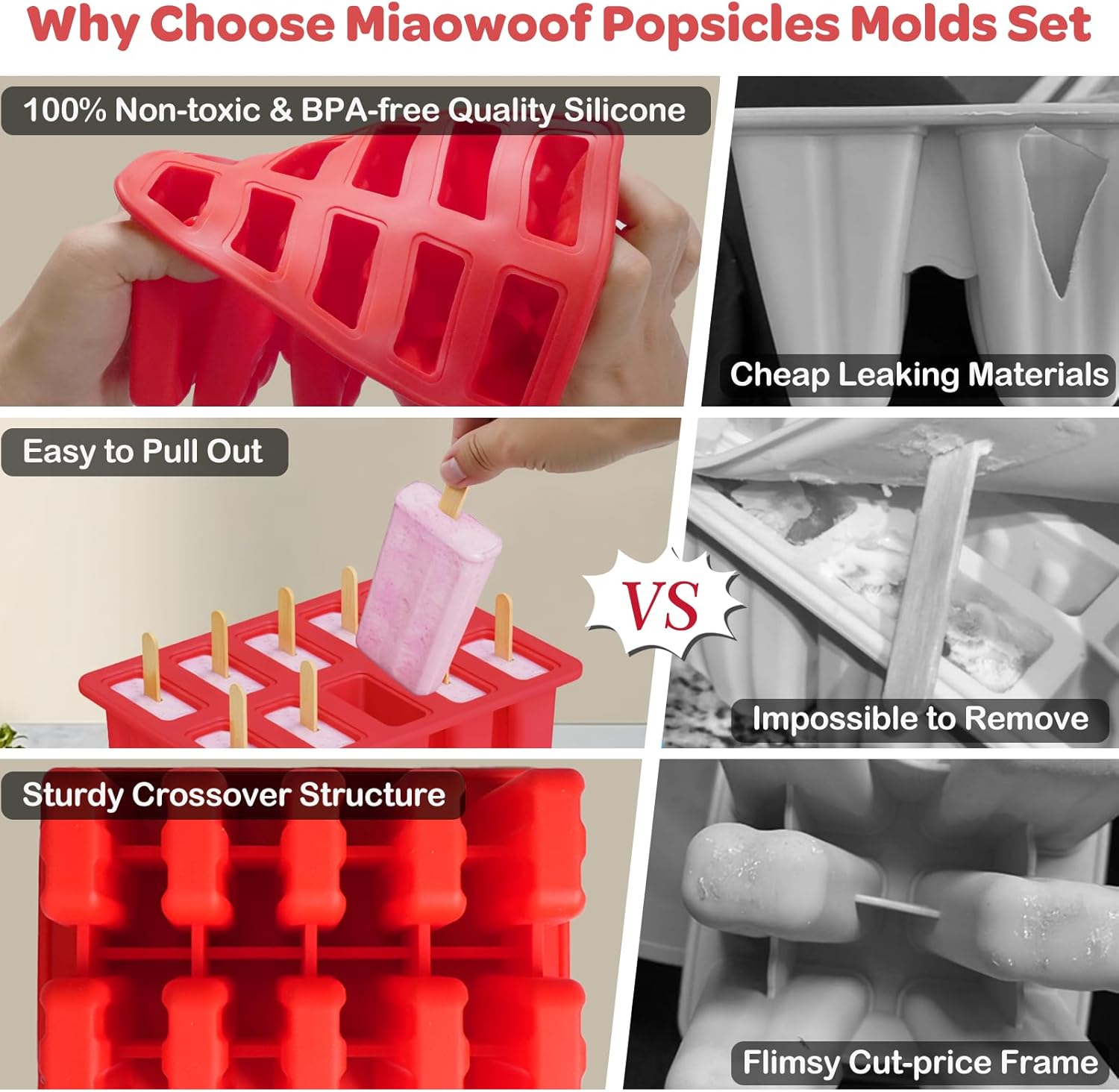 Thumbnail 2 de Miaowoof Homemade Popsicle Molds (10-Cavity) with 50 Sticks & Silicone Peel Release