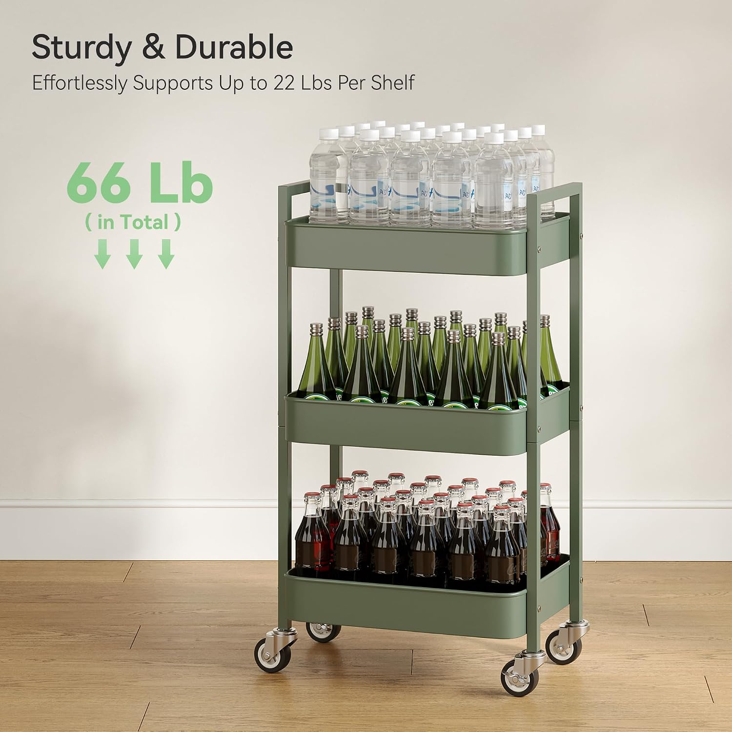 Detalle 2 de Nunsino Rolling Cart 3-Tier Metal Utility Cart with Locking Wheels, Green