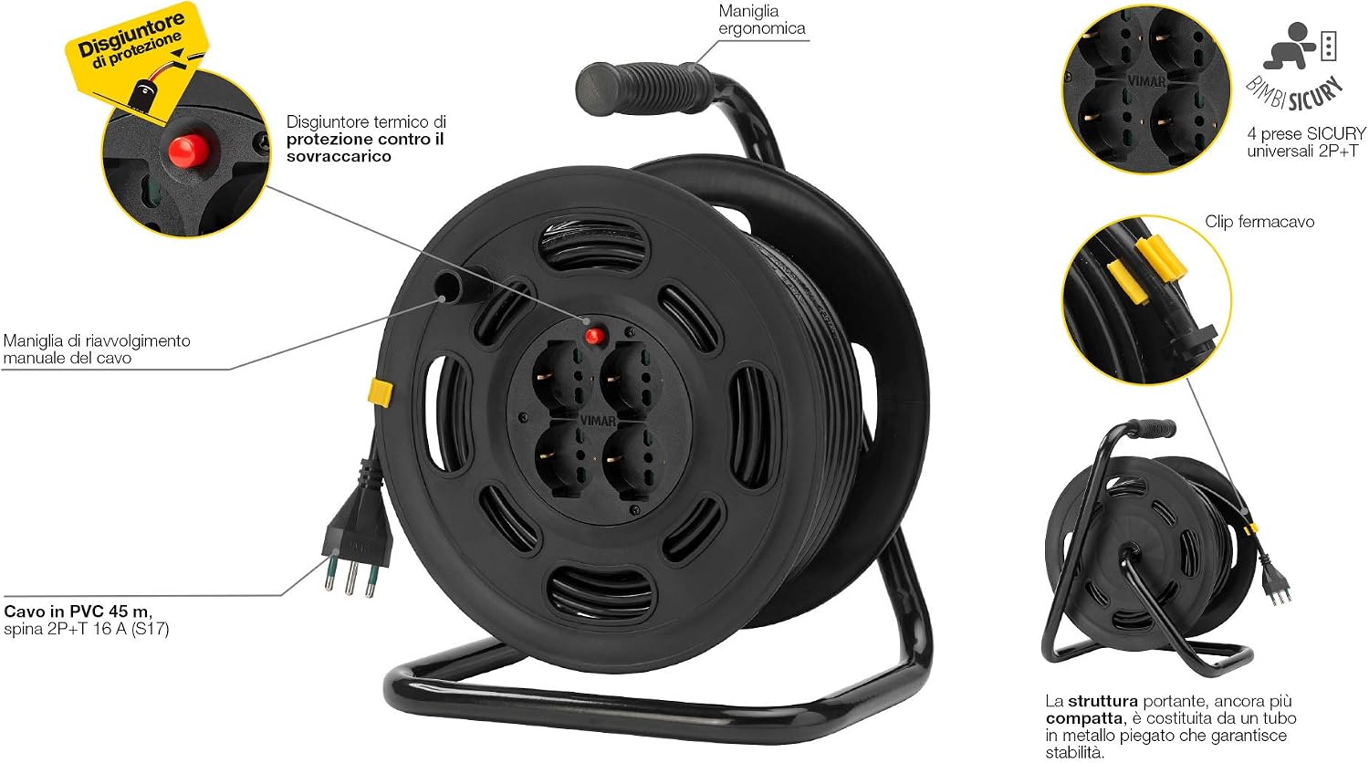 Detalle 2 de VIMAR 0P32733 Avvolgicavo 2P+T 16A 230V con Disgiuntore Termico di Protezione – Multicolore