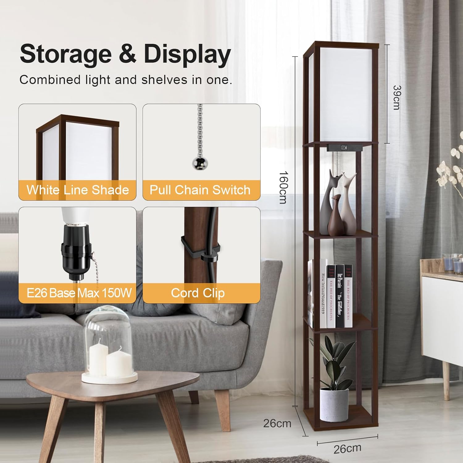 Thumbnail 5 de OUTON Floor Lamp with Shelves (Walnut Brown) – LED Column with USB & Type-C Ports, 3 Colour Temperature