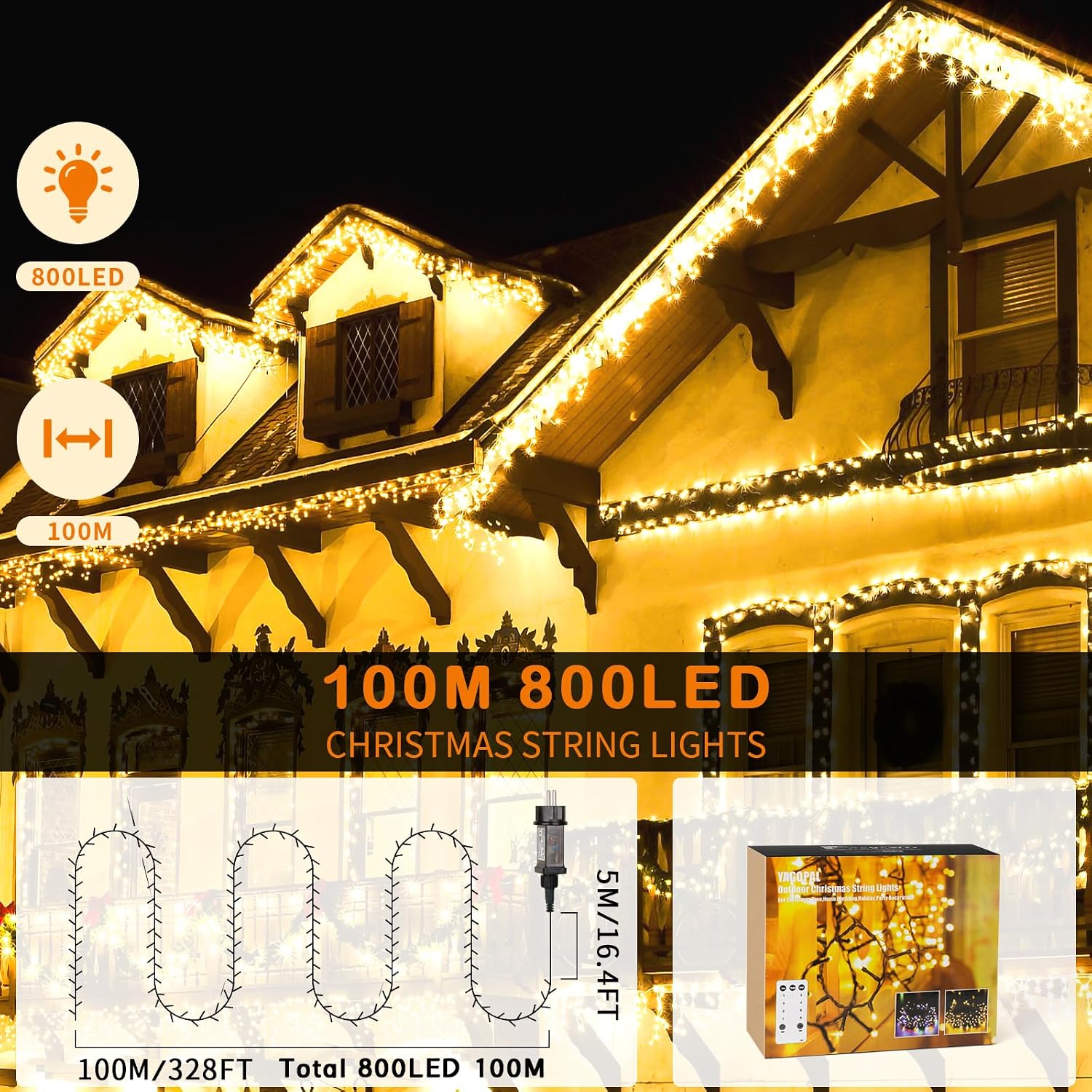 Thumbnail 2 de YAGOPAL Luci Natale Esterno 100M 800LED – Catena impermeabile IP65 con 8 modalità e timer