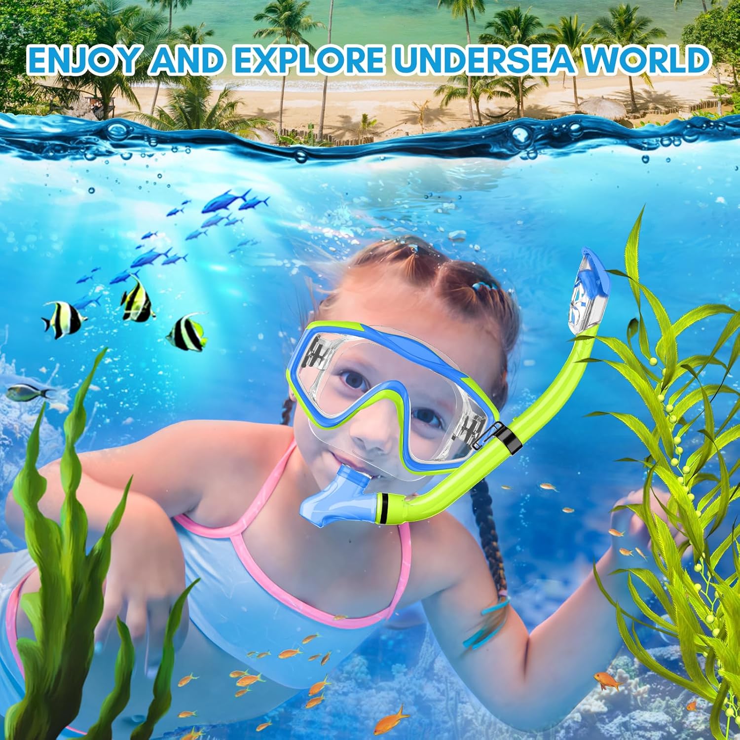 Detalle de HiiPeak Kids Snorkeling Gear: Tempered-Glass Mask with Nose Cover and Dry-Top Snorkel (Ages 5–15)