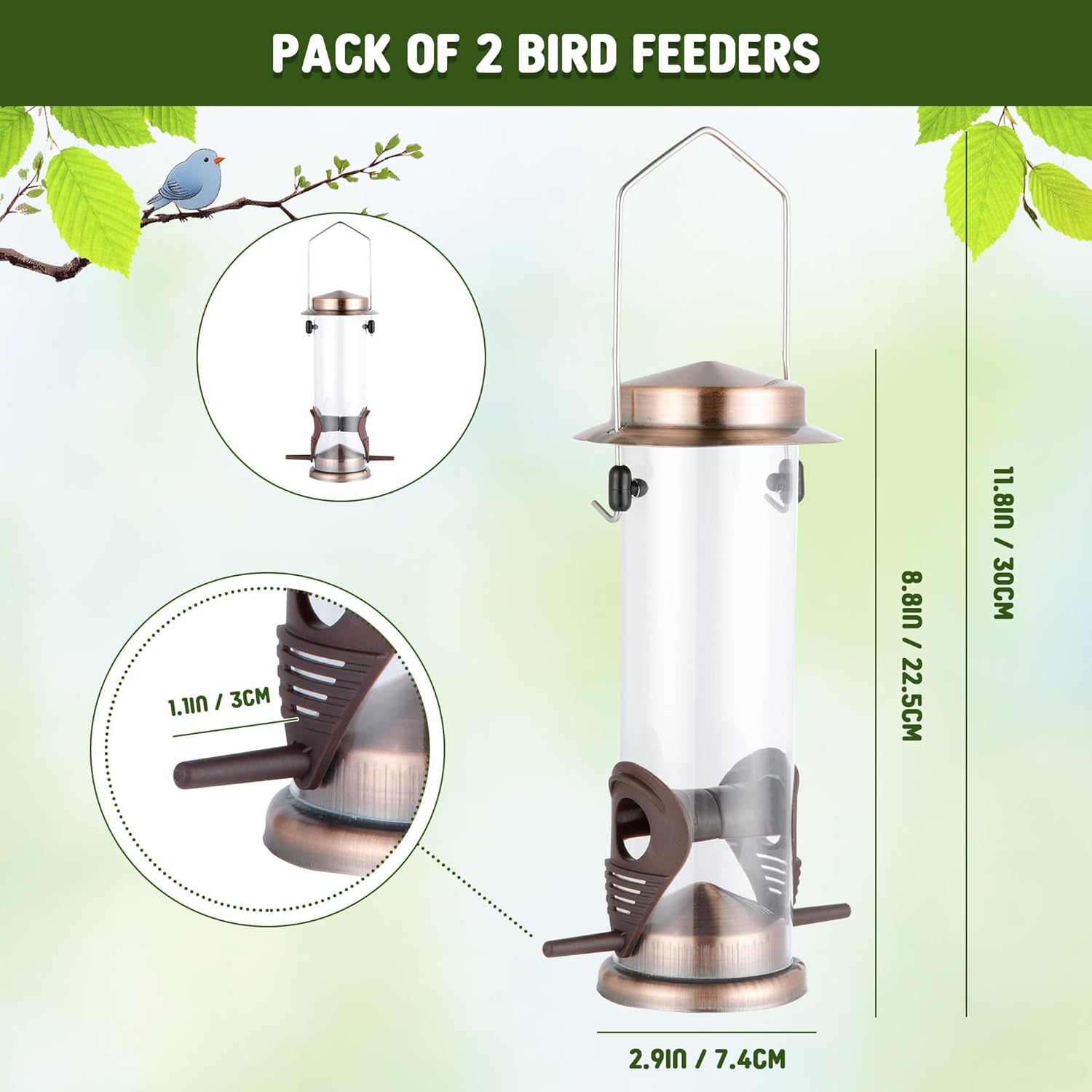 Thumbnail 1 de Urban Deco Copper-Finish Hanging Bird Feeders (2-port metal) – Weatherproof seed feeder, 2 pack