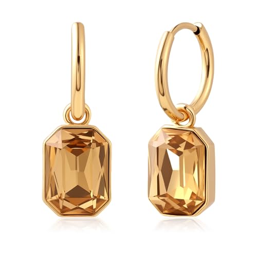 Detalle de Aliyoham Citrine Geometric Hoop Earrings – 14K Gold Plated Hypoallergenic Dangle Jewelry