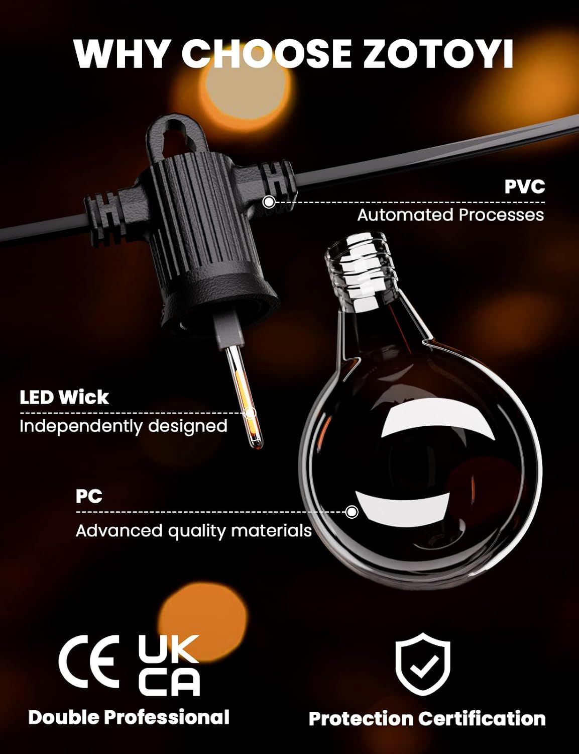 Thumbnail 4 de ZOTOYI Festoon Lights Outdoor 60M mains string lights (IP65) with 80+4 shatterproof LED bulbs, 2700K