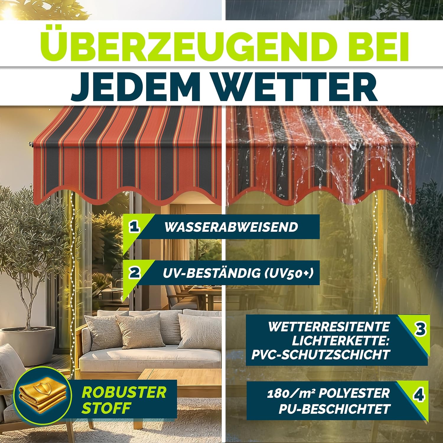 Thumbnail 3 de Tillvex Klemmmarkise mit Handkurbel & LED – 300 cm, Orange-Anthrazit