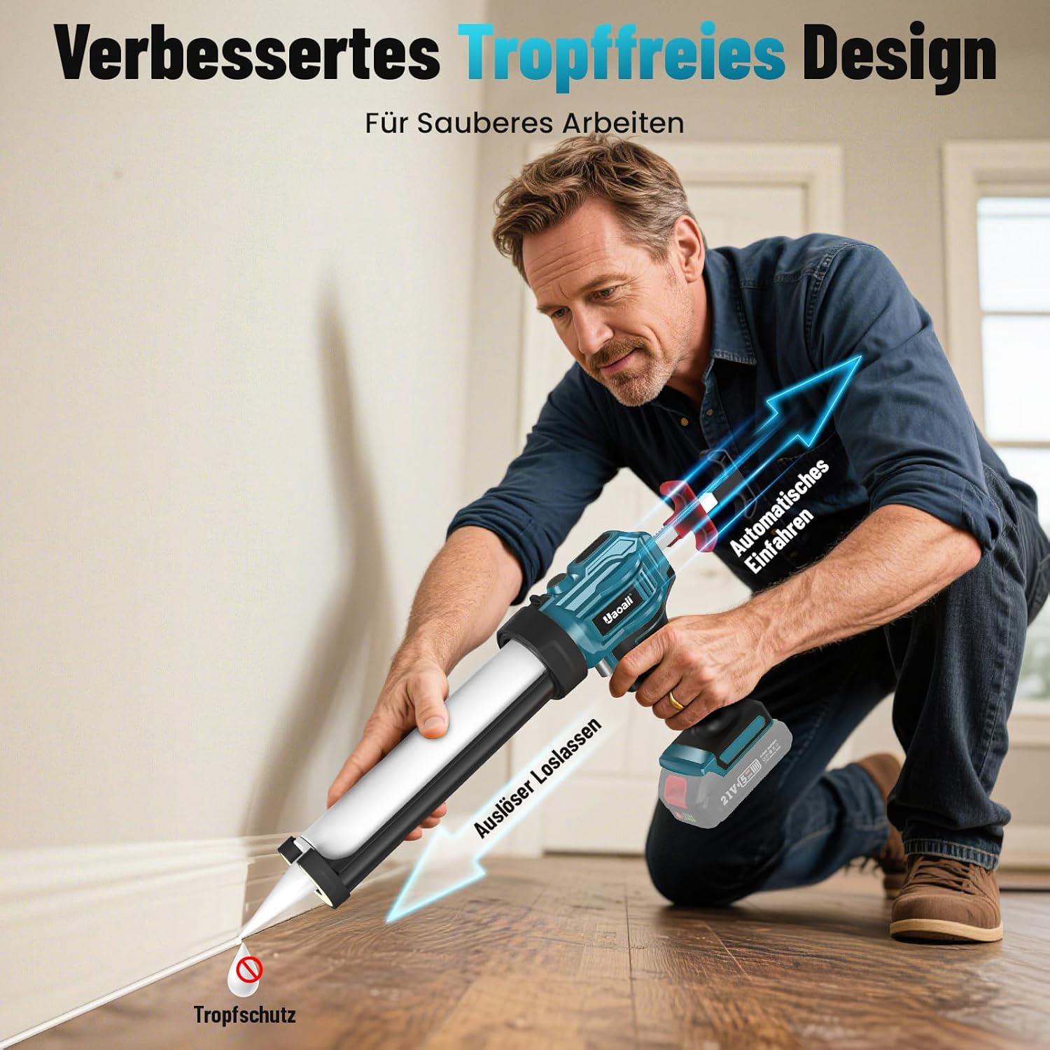 Detalle de Uaoaii Akku-Kartuschenpistole – 18V kompatibel mit Makita, LED-Licht, 4 Geschwindigkeiten, 300-ml Kartuschen