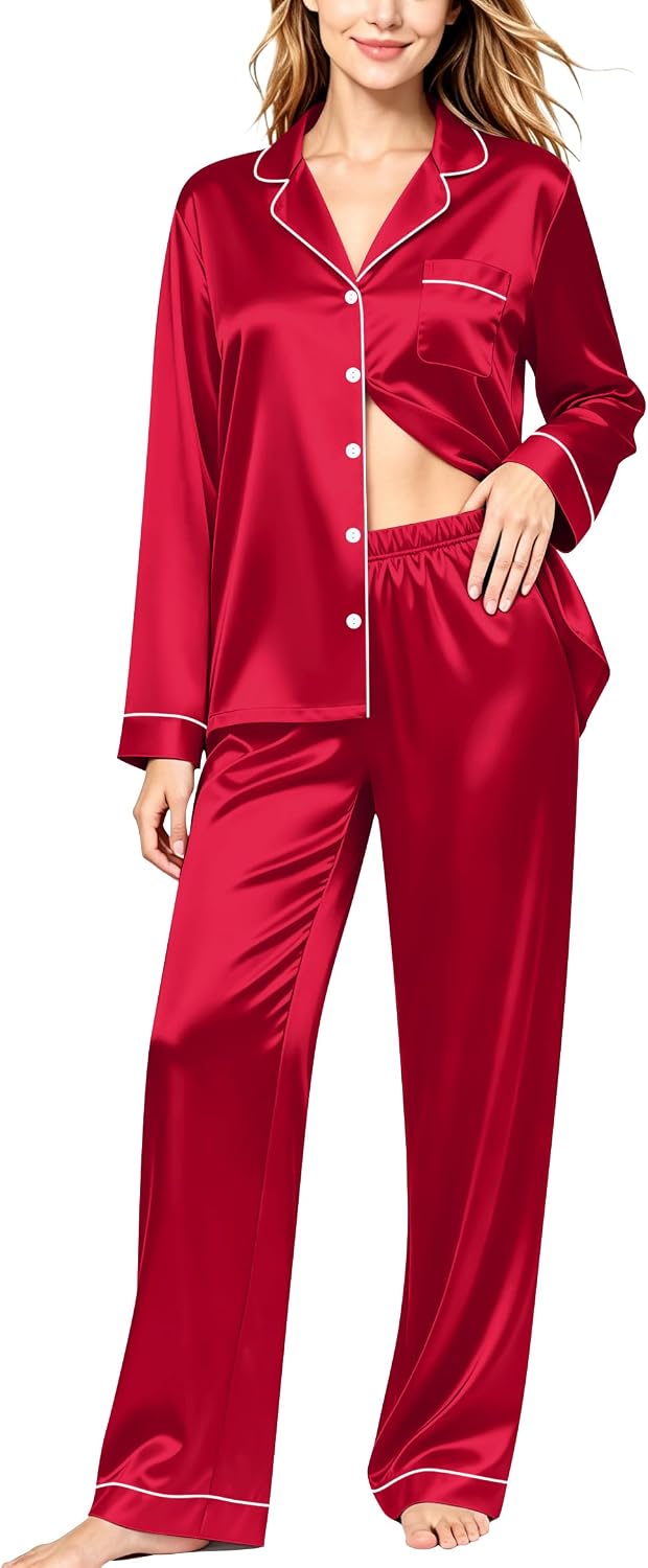 Detalle de SWOMOG Satin Pajama Set, Long-Sleeve Button-Down Two-Piece Sleepwear
