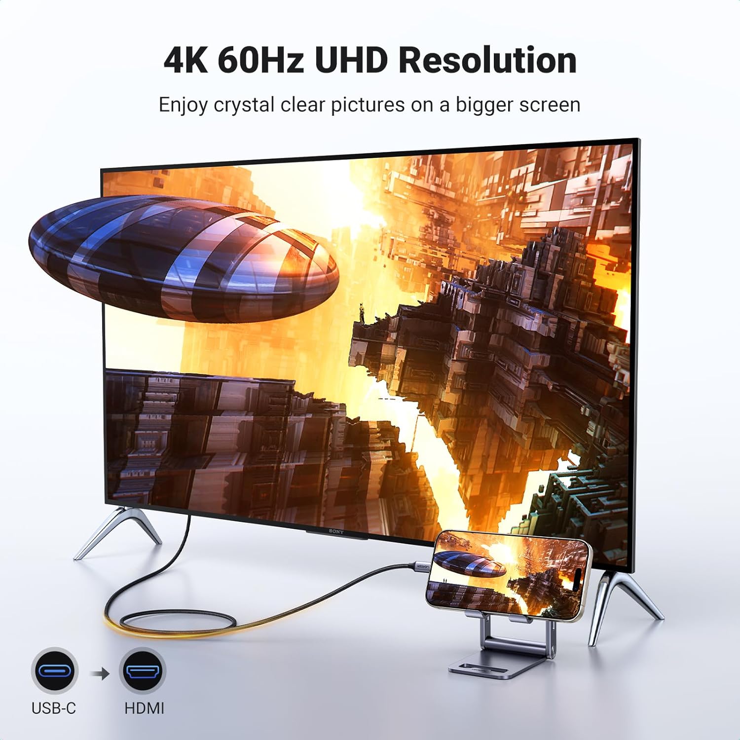 Detalle de UGREEN USB-C auf HDMI Kabel 4K60Hz, 2 m – Thunderbolt 3/USB-C zu HDMI, geflochten, Aluminiumgehäuse