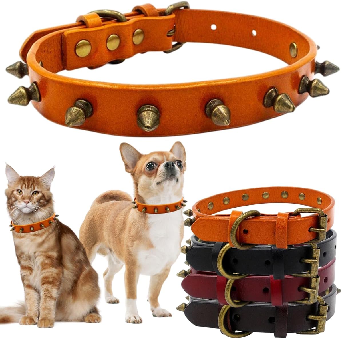 Thumbnail 4 de Spiked leather dog collar with rivet studs and adjustable buckle (black) for small to large dogs