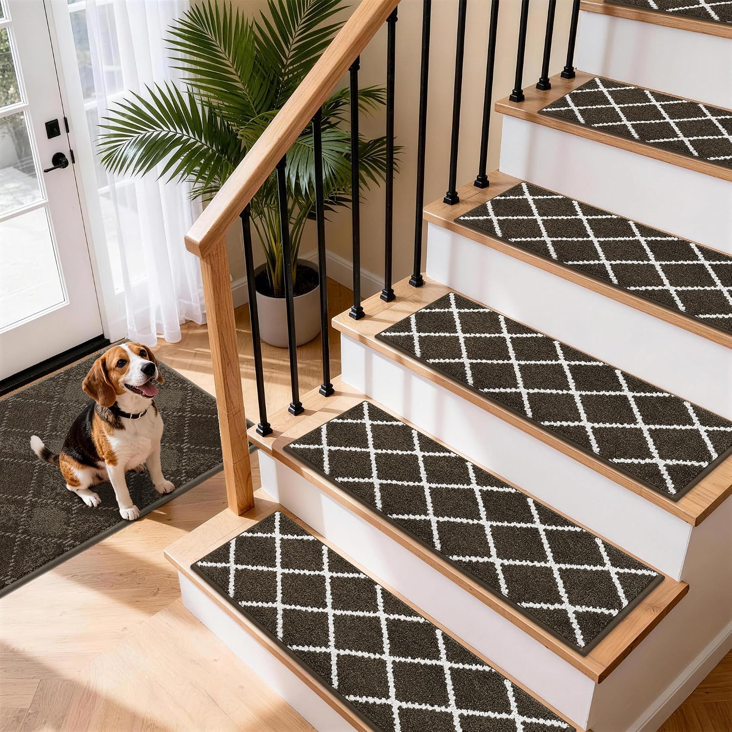 Detalle 2 de COSY HOMEER Plaid Stair Treads, 15-Piece Washable Set, 9" x 28", Brown