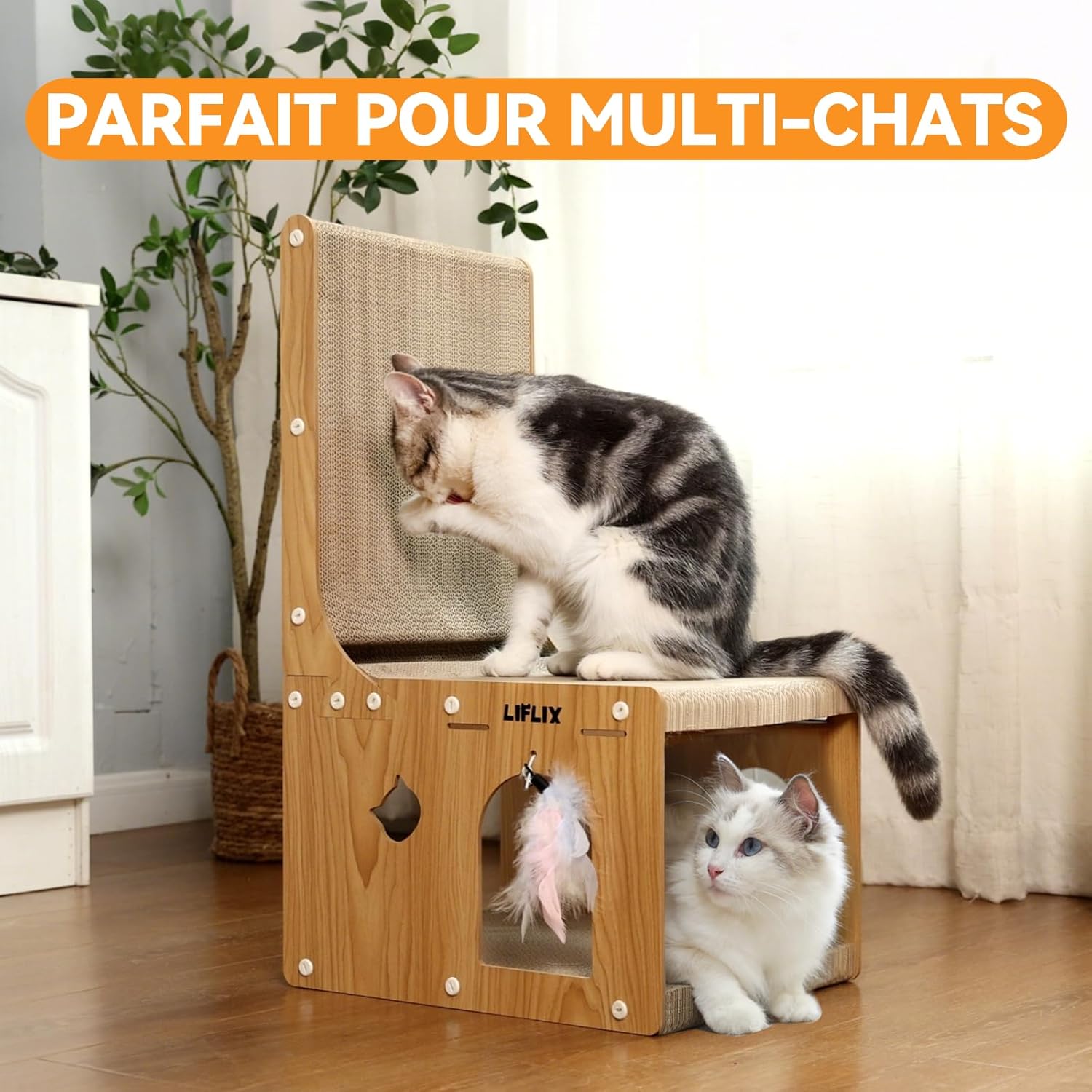 Detalle de LIFLIX Griffoir en L à Double Épaisseur – Poteau à griffer, cachette et jouets pour chats