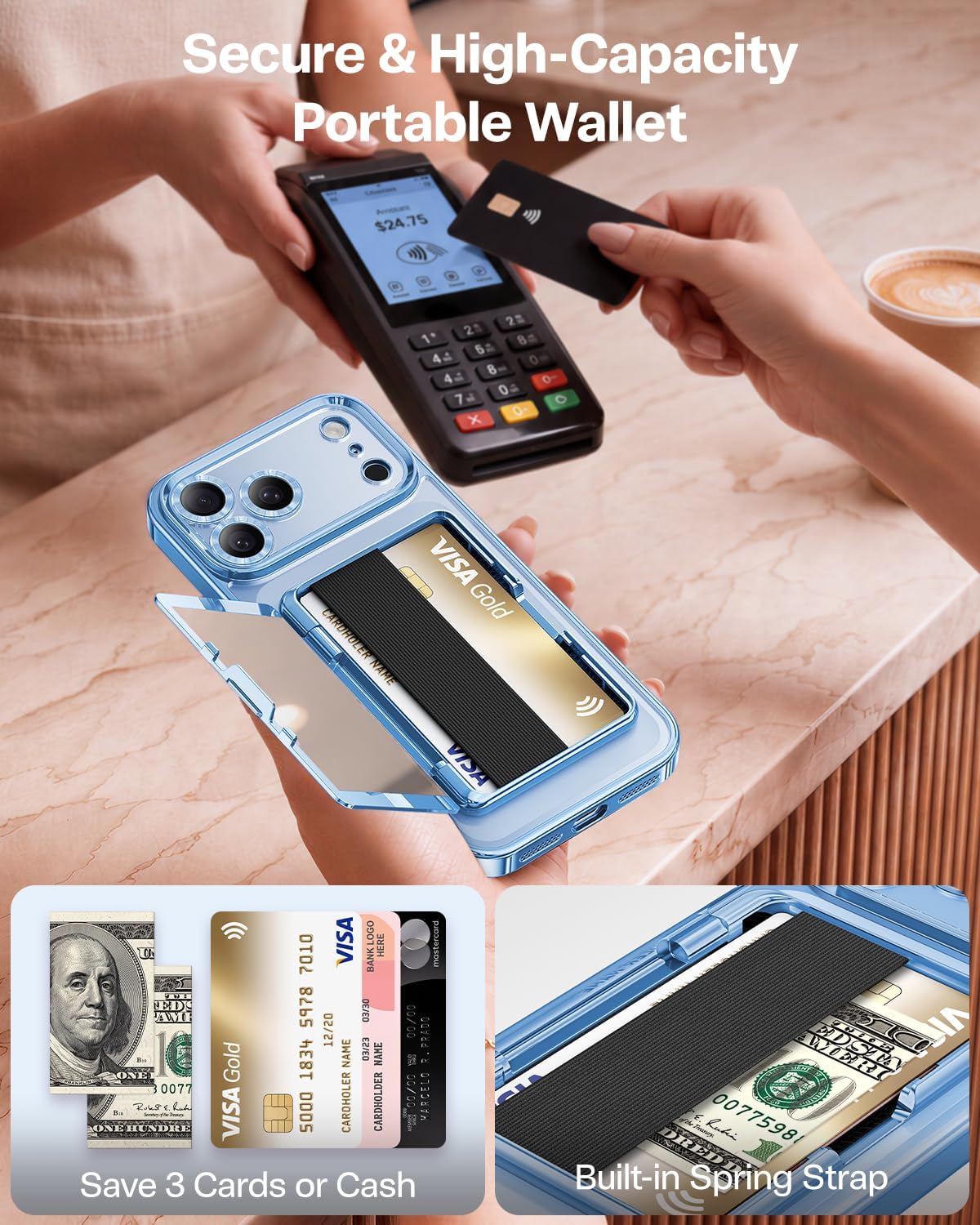 Detalle 2 de Meifigno iPhone 18 Pro Wallet Case with Mirror and Kickstand, Glacier Blue