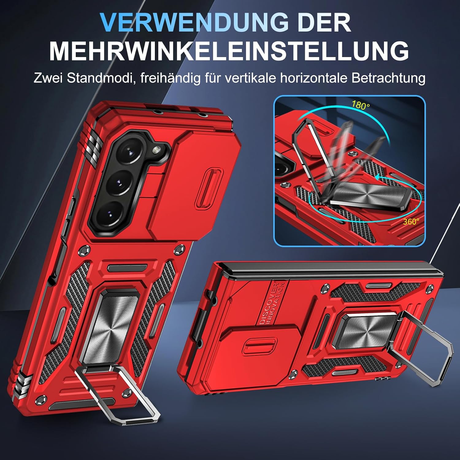 Thumbnail 4 de Handyhülle für Samsung Galaxy Z Fold 5 mit Slide-Kamera und 360° Metallring-Ständer (Rot)