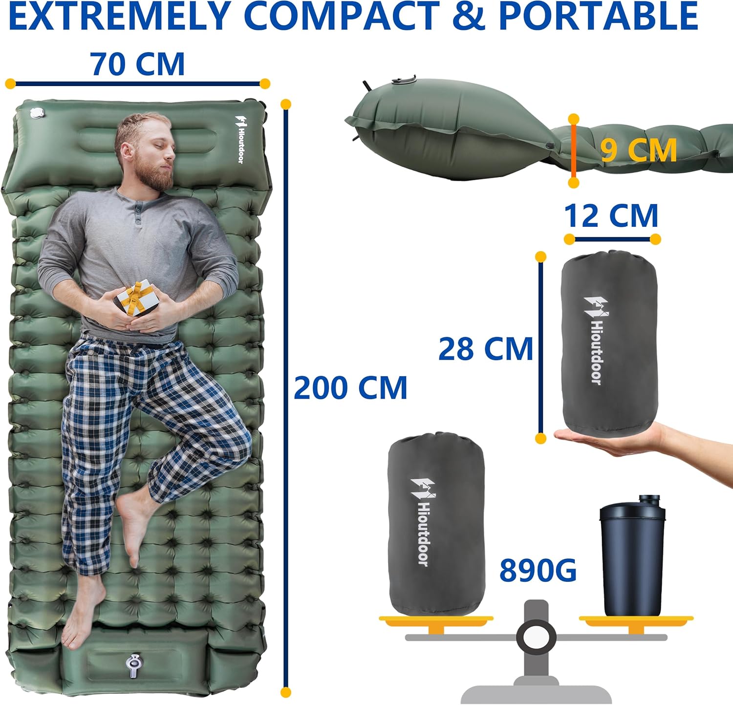 Thumbnail 1 de Hioutdoor Isomatte 10 cm ultraleicht aufblasbar mit Fußpumpe – Camping-Schlafmatte (Grün)