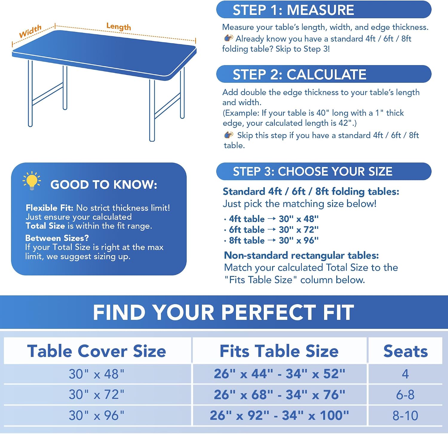 Detalle de Enjoyidea 6-Foot Spandex Table Covers (6-Pack) — Light Blue, Elastic Fitted Rectangular Tablecloths