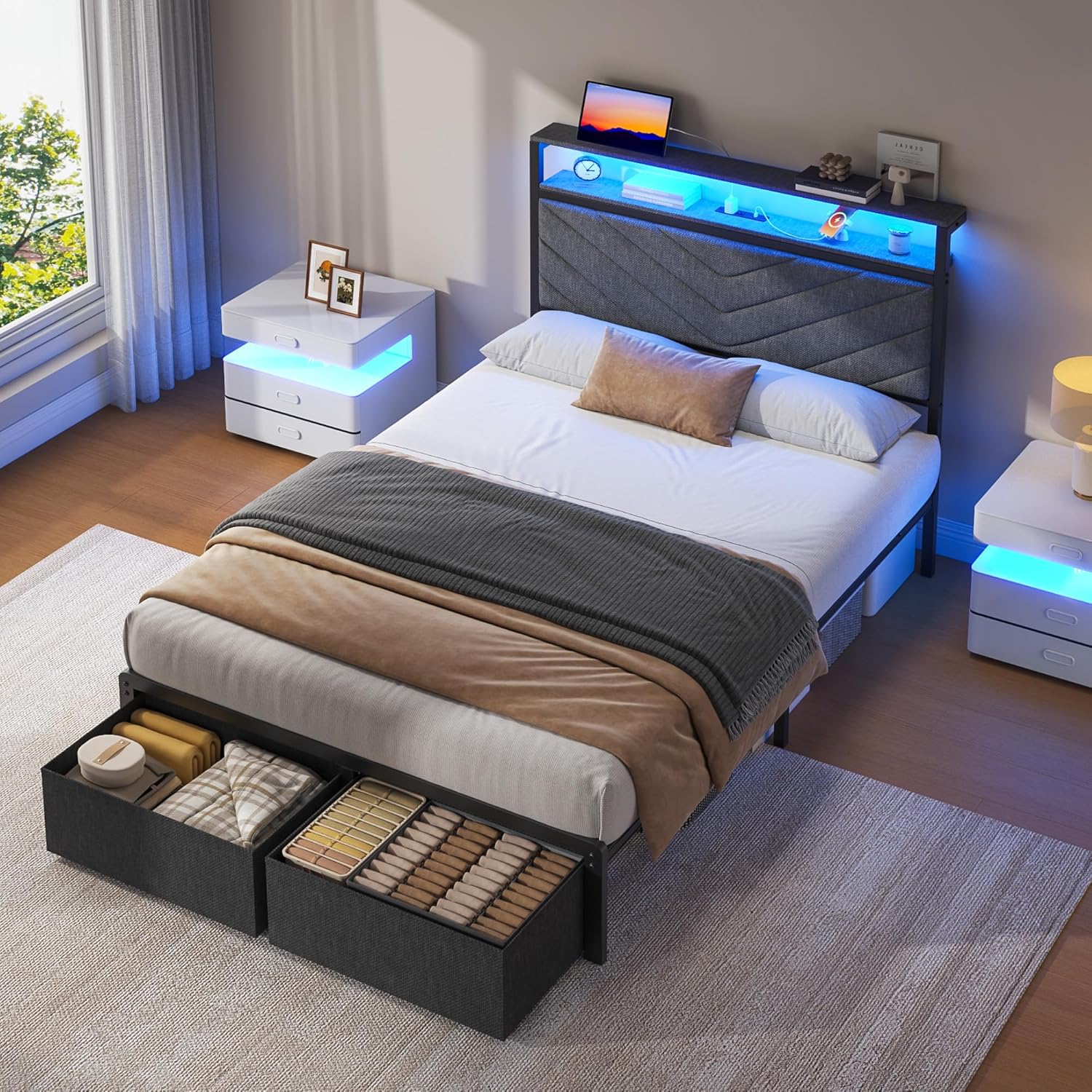Thumbnail 2 de Fluest FL24-0916TC Twin Bed Frame with Storage, LED Lights and Charging Station