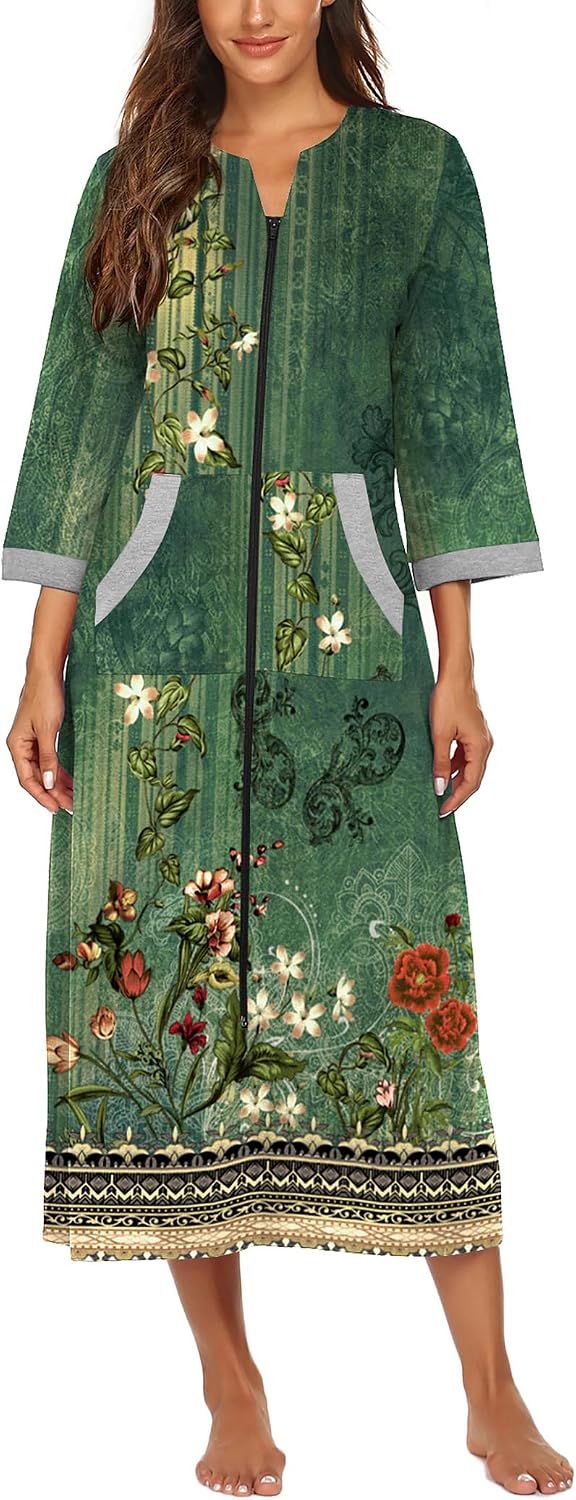 Detalle de Ekouaer Women's Full-Length Zip-Front Robe with 3/4 Sleeves and Pockets