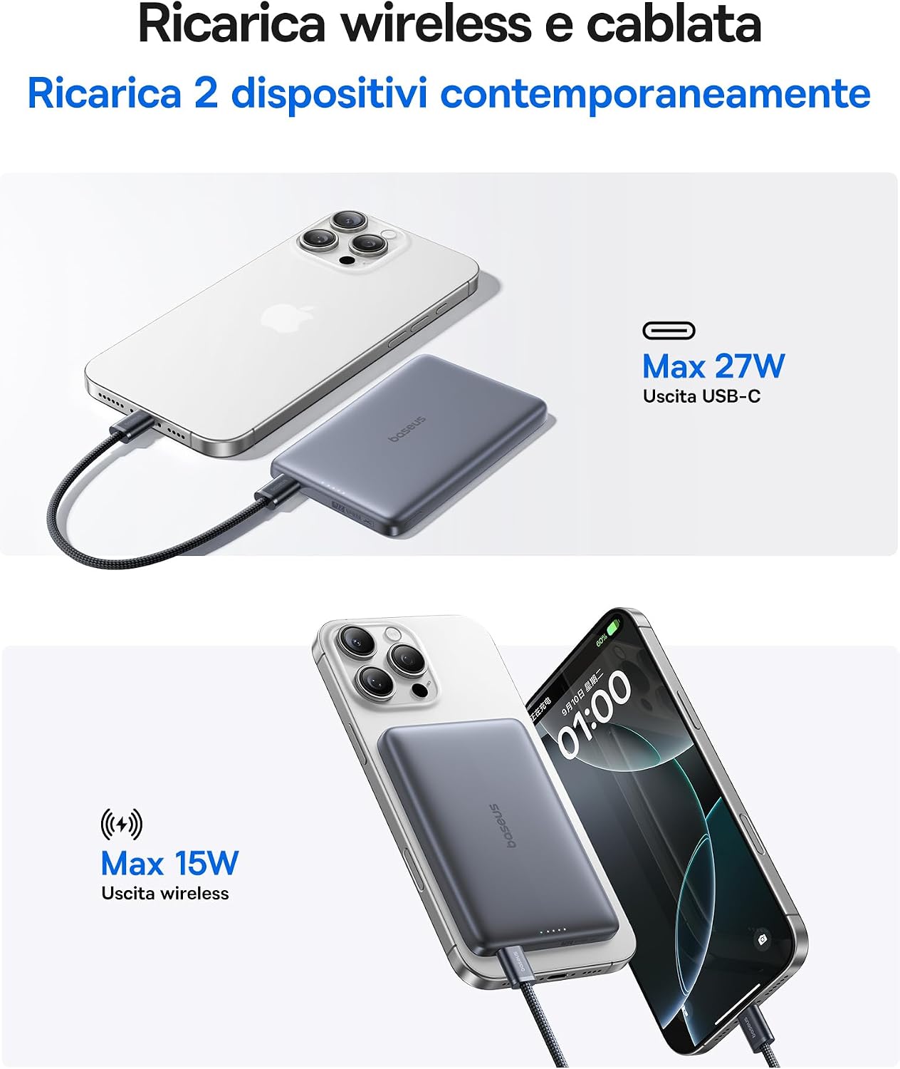 Detalle de Baseus Picogo AM41 Power Bank da 10.000 mAh con Qi2 MagSafe magnetico e ricarica rapida 15W/27W, ultra sottile grigio