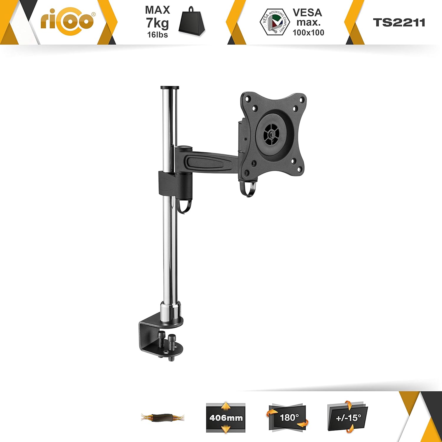 Detalle de Support Écran PC TV RICOO TS2211 – Bras articulé universel, 13 à 32 pouces, fixation bureau