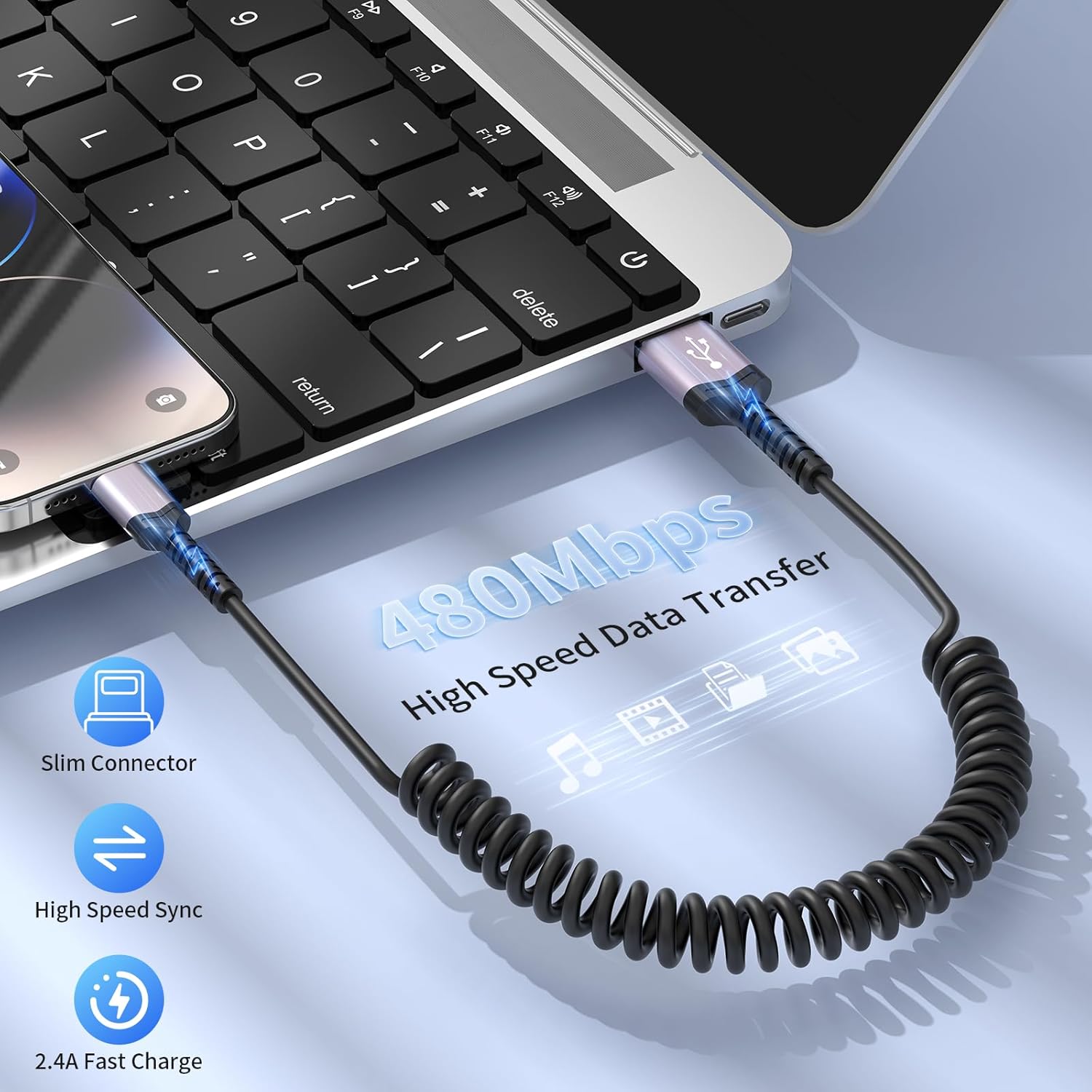 Thumbnail 2 de 3-Pack Coiled Lightning Cable for Car (MFi Certified) USB-A to Lightning Retractable iPhone Charger