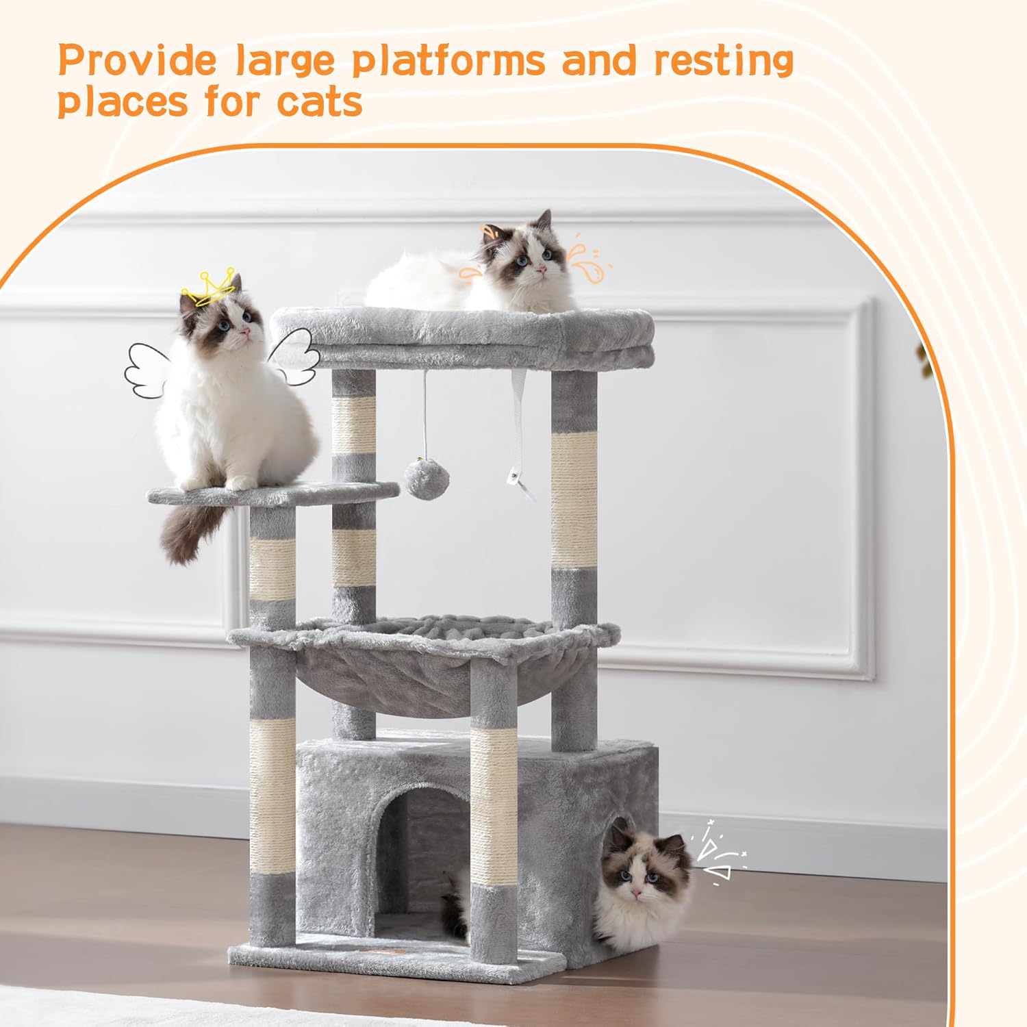 Thumbnail 2 de Heybly Cat Tree HCT008SW – 80cm kitten tower with large soft basket, hidden cave bed & 6 scratching posts