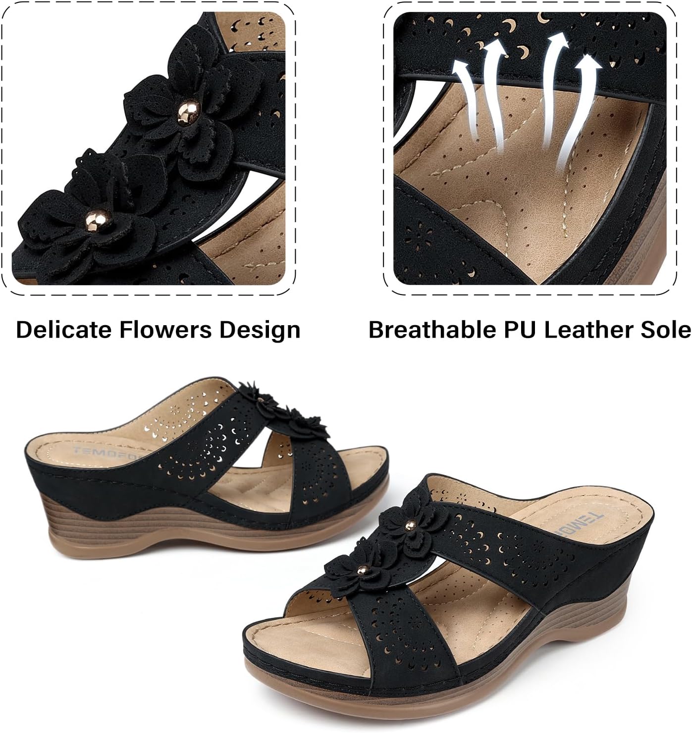 Detalle 2 de TEMOFON Women’s Low Wedge Leather Sandals (Rubber Sole) — Wide Sizes 5–11