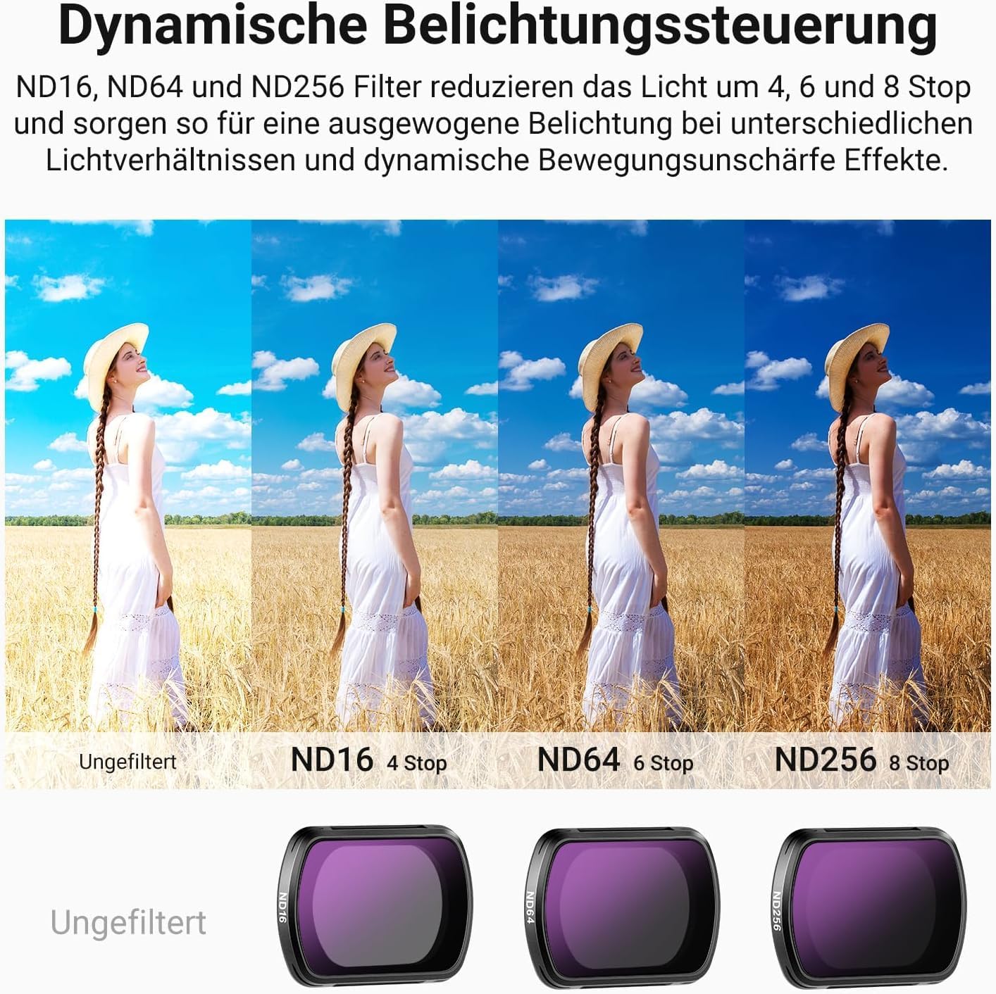 Detalle de NEEWER ND & CPL Filter Set für DJI Osmo Pocket 4/3 – Magnetische ND Filter (ND16/64/256) + CPL, Displayschutzfolie & Etui