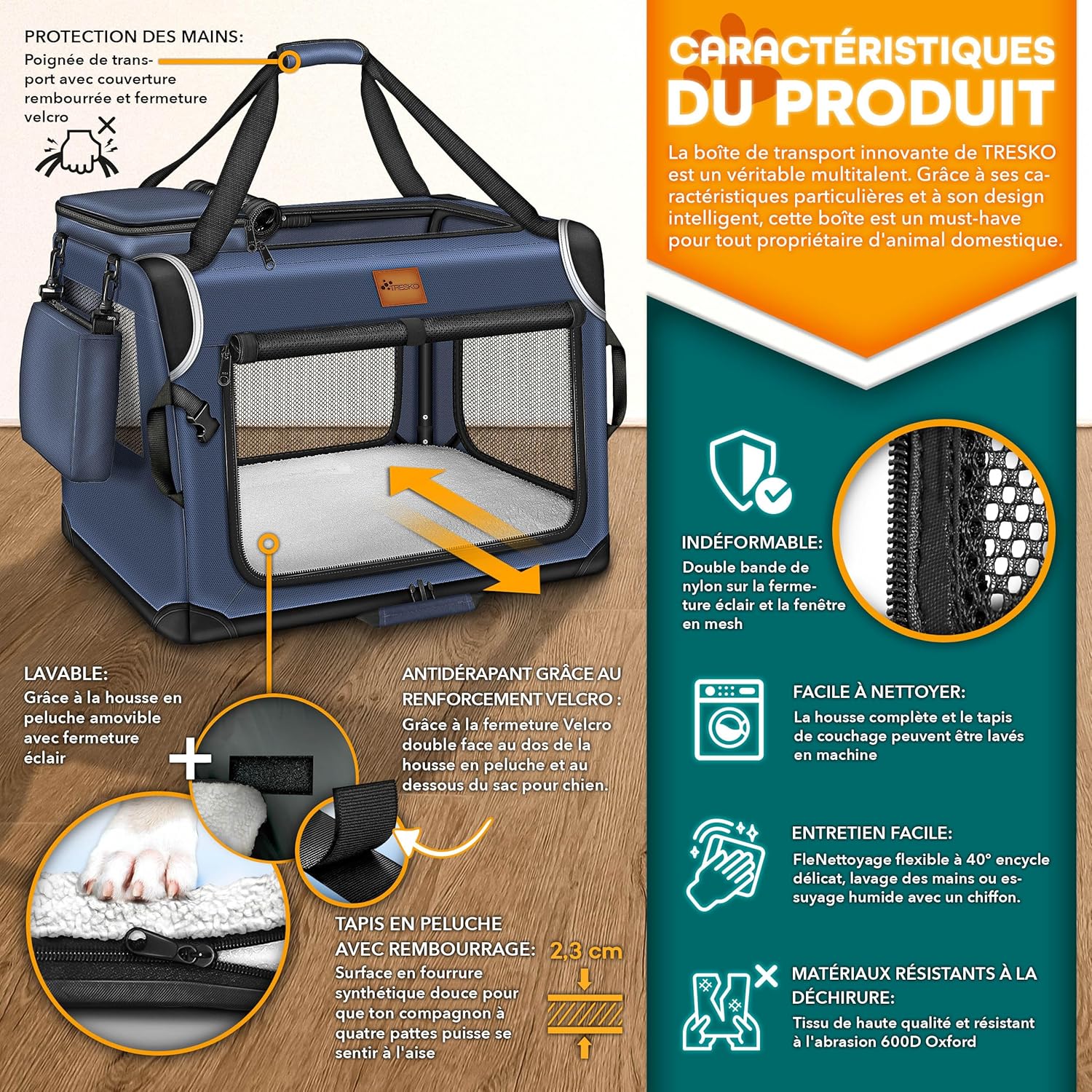 Thumbnail 1 de TRESKO Caisse de transport pliable XXL pour chiens et chats – bleu marine, 83 × 58 × 58 cm