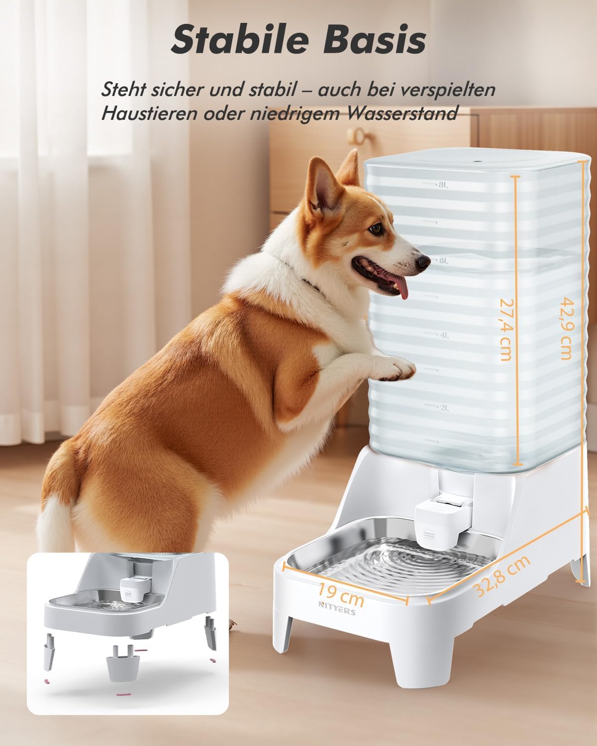 Detalle de 8L Wasserspender für Hunde und Katzen mit patentiertem Wasserhahn – BPA-frei, leicht zu reinigen