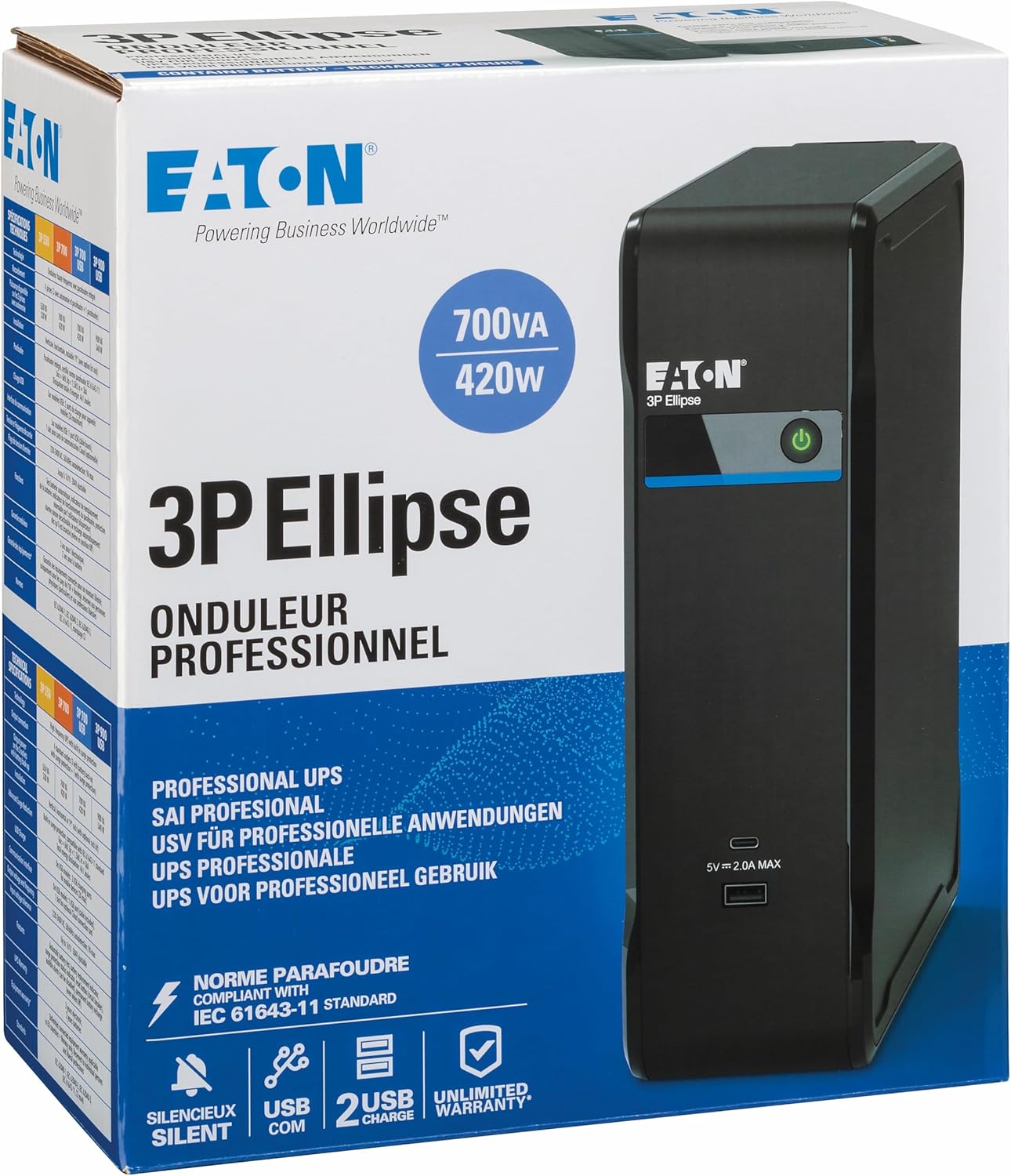 Thumbnail 5 de Eaton Ellipse 3P 700UD USV (3P700UD) Off-Line – 700 VA / 420 W mit USB Typ A & C und Überspannungsschutz