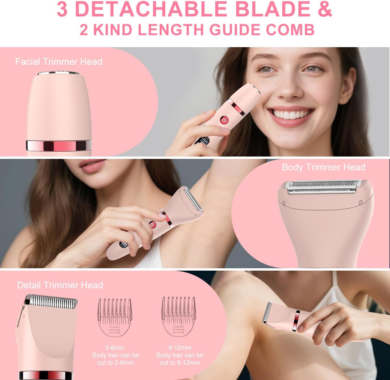 Detalle de Scttomon Rasoio elettrico donna – Set epilazione viso, corpo e area bikini con 3 lame intercambiabili, impermeabile IPX7 e Display LCD