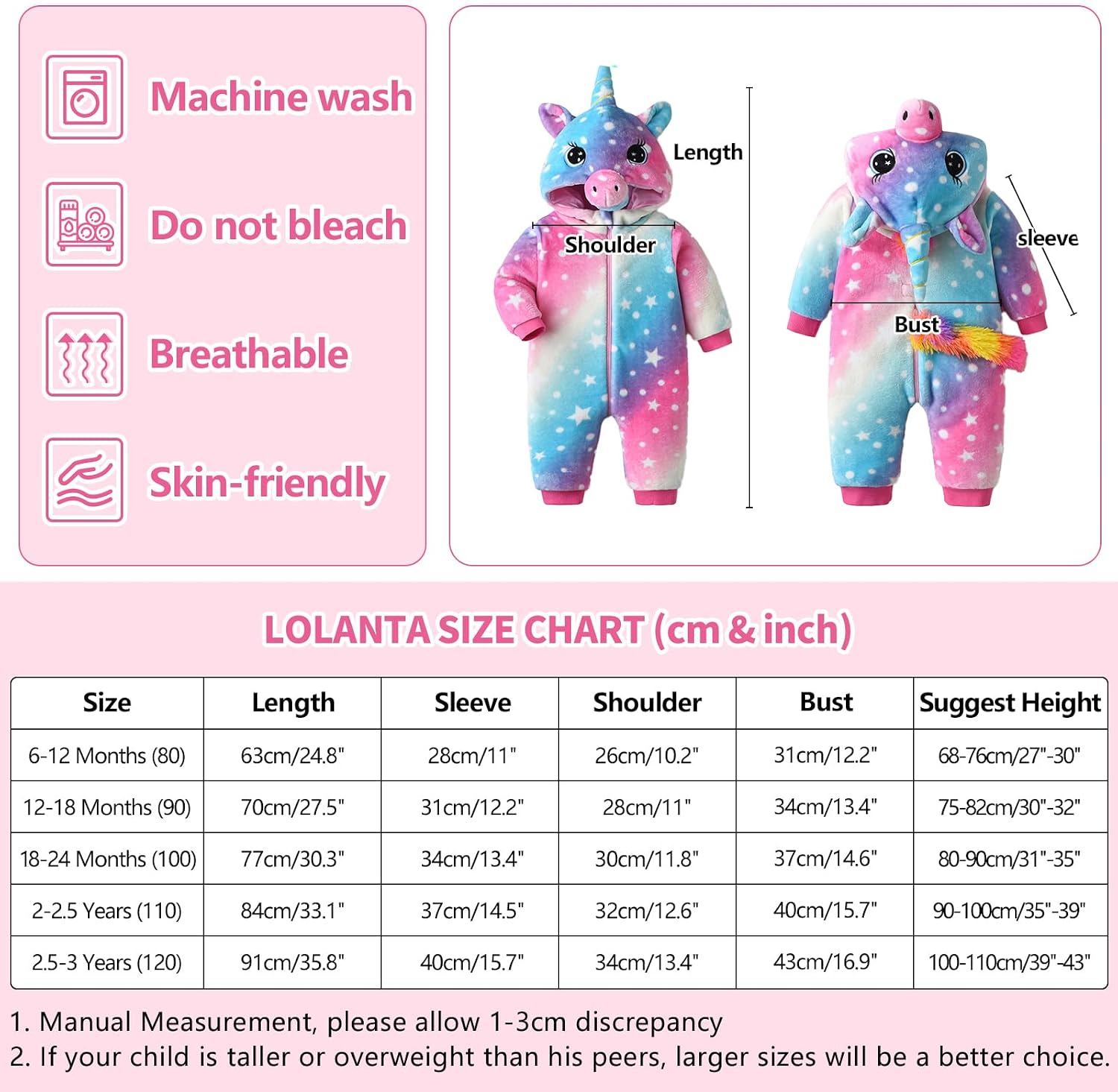 Detalle de LOLANTA unisex toddler dinosaur unicorn rainbow plush hooded romper (1–5 years)