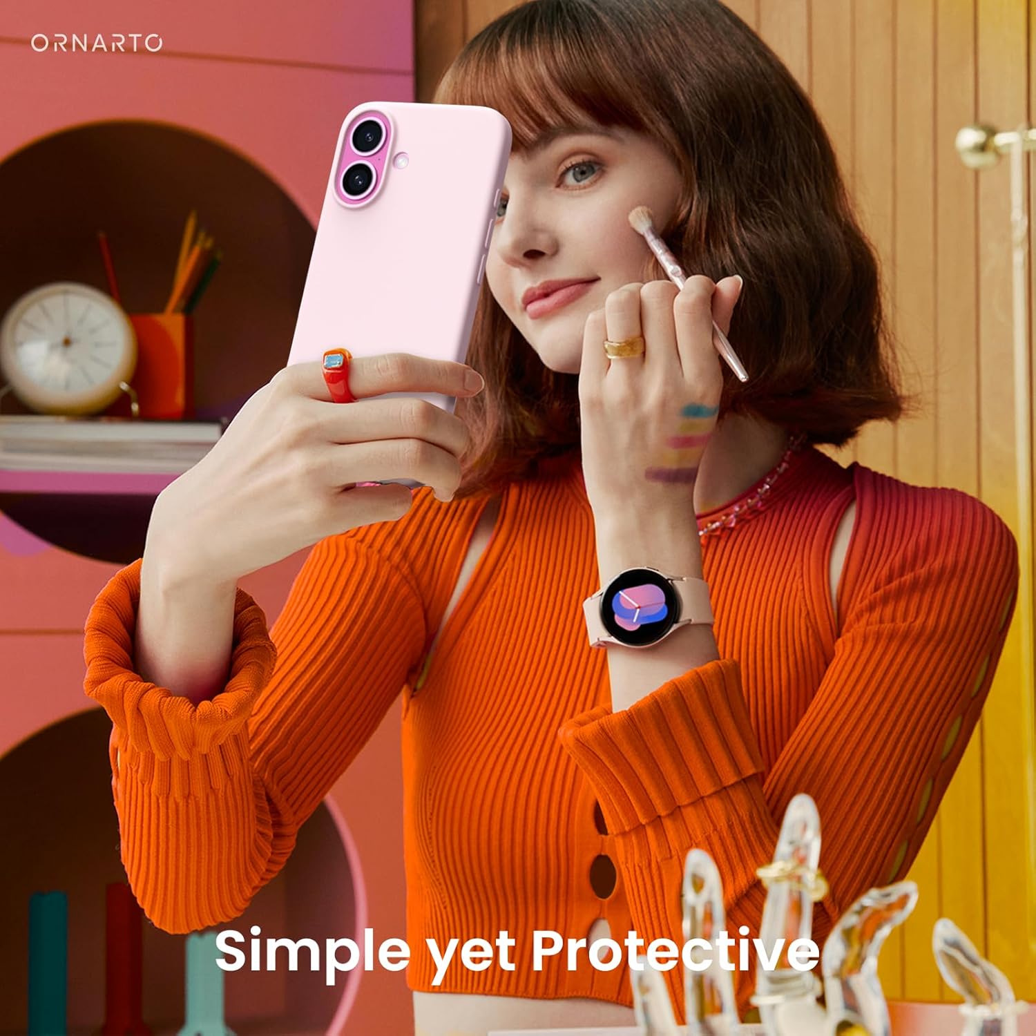 Thumbnail 5 de ORNARTO iPhone 16 6.1" Case in Slim Liquid Silicone (Chalk Pink) – Full Coverage Soft Gel Rubber