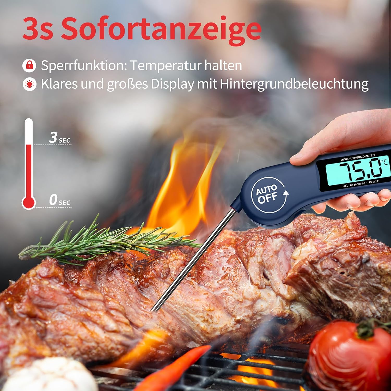 Detalle de DOQAUS Grillthermometer: Fleisch- und Küchenthermometer mit 3-Sekunden-Auslese, LCD-Display und langer 11,5 cm Sonde (Navyblau)