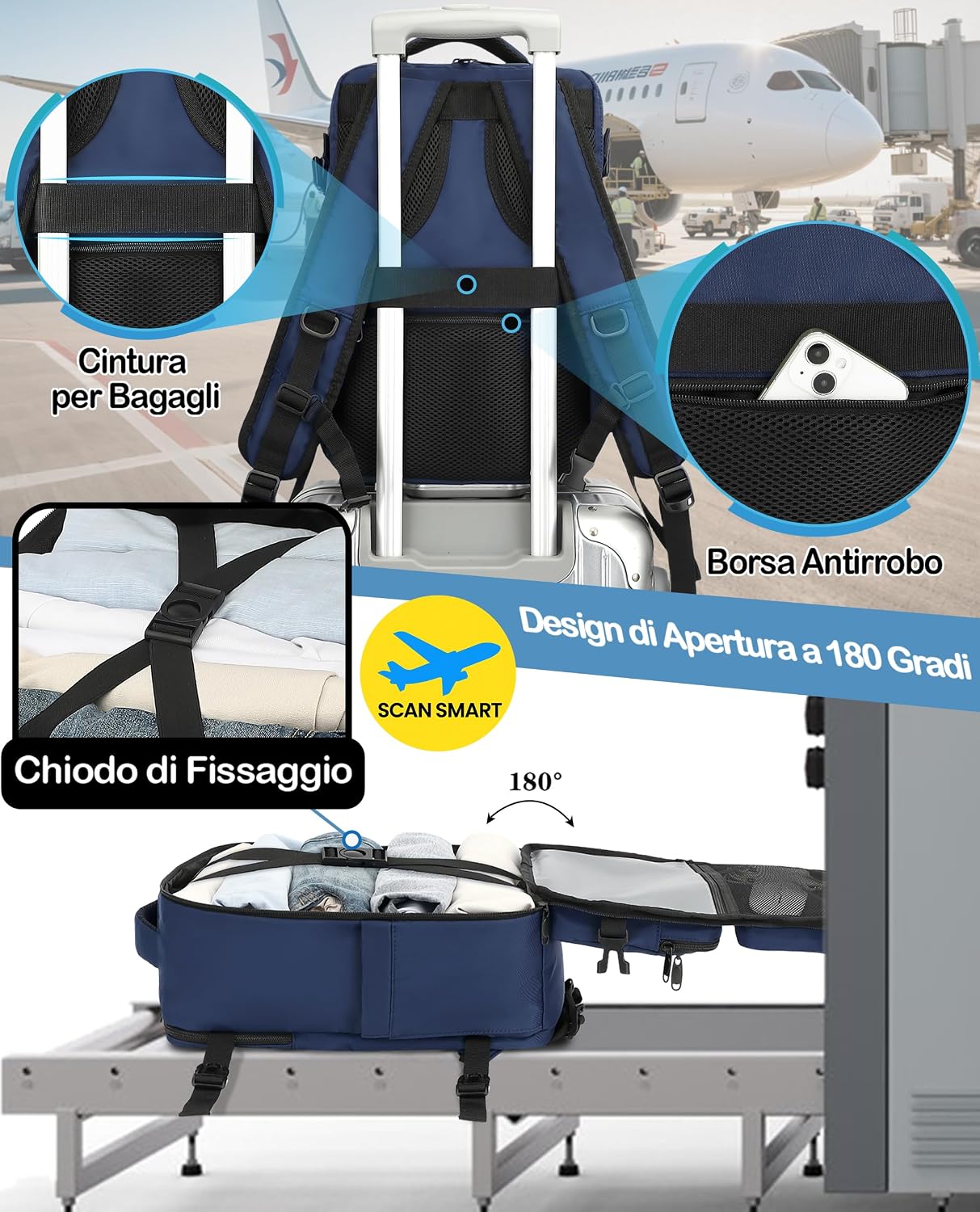 Thumbnail 2 de LYNXCHER Zaino Ryanair 40x30x20: Compagno di viaggio 24L con scomparto laptop 15,6 pollici, Under Seat approvato (Blu Scuro)