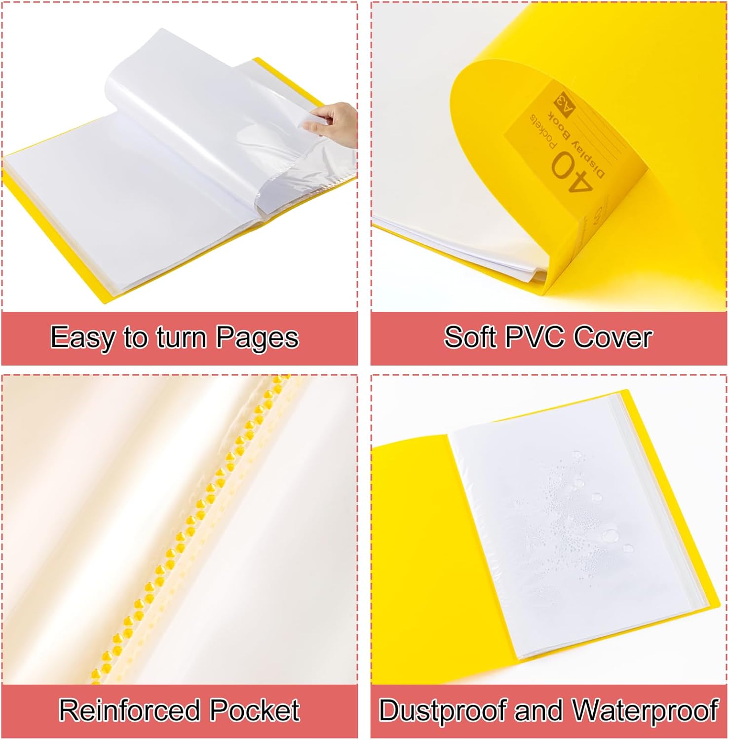Detalle de Srvnpioy 2er-Set A3 Präsentationsdisplay: Sichtbuch mit 40 Klarsichthüllen (80 Blatt) in Gelb