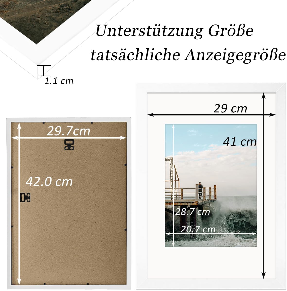 Detalle de RUN HELIX Bilderrahmen A3 Weiß – Massivholzrahmen mit bruchsicherem Acrylglas